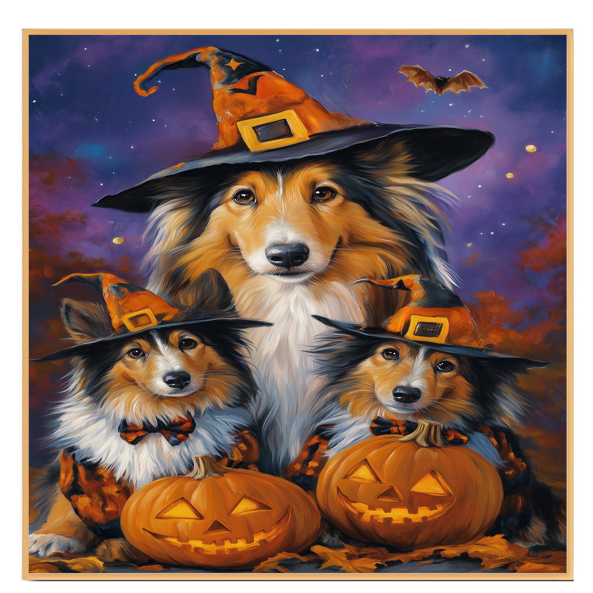 Rustic Rough Collie Dog Halloween Wall Art Canvas with Pumpkins Witch Hat and Fall Leaves Autumn Farmhouse Pet Decor for Home and Dog Lovers on Ready to Hang 1.5" Thick Canvas Wrap, Floating Framed Canvas, Flat Rolled Canvas