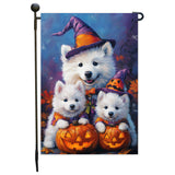 Samoyed Witch Hat Pumpkin Banner Yard Sign for Spooky Dog Halloween Garden Flag for Outside Lawn Rustic Forest Yard Banner Welcome Decorations Flag for Holiday
