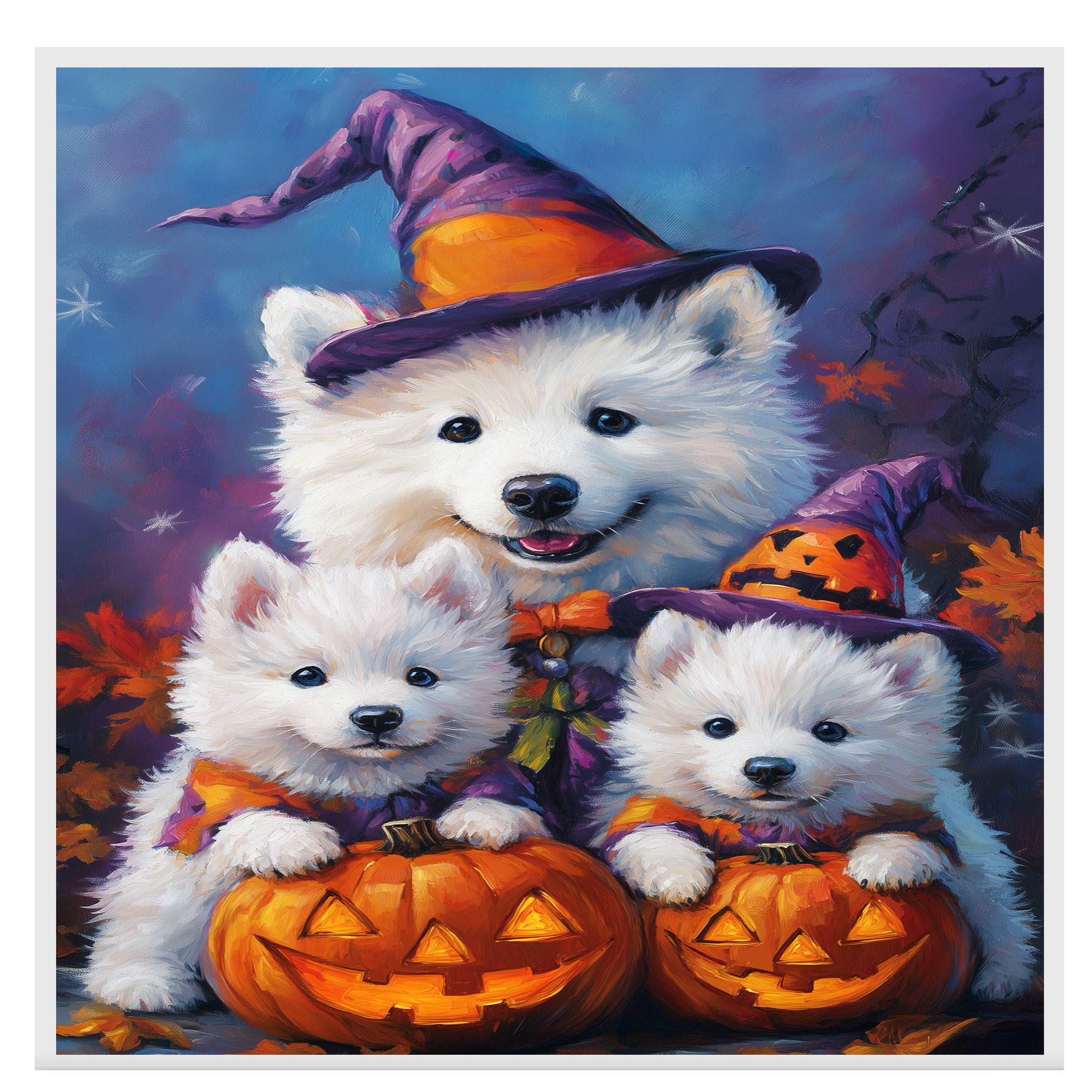 Samoyed Dog Halloween Wall Art Rustic Fall Canvas with Pumpkins Witch Hats and Autumn Leaves Farmhouse Pet Decor for Home or Bathroom on Ready to Hang 1.5" Thick Canvas Wrap, Floating Framed Canvas, Flat Rolled Canvas