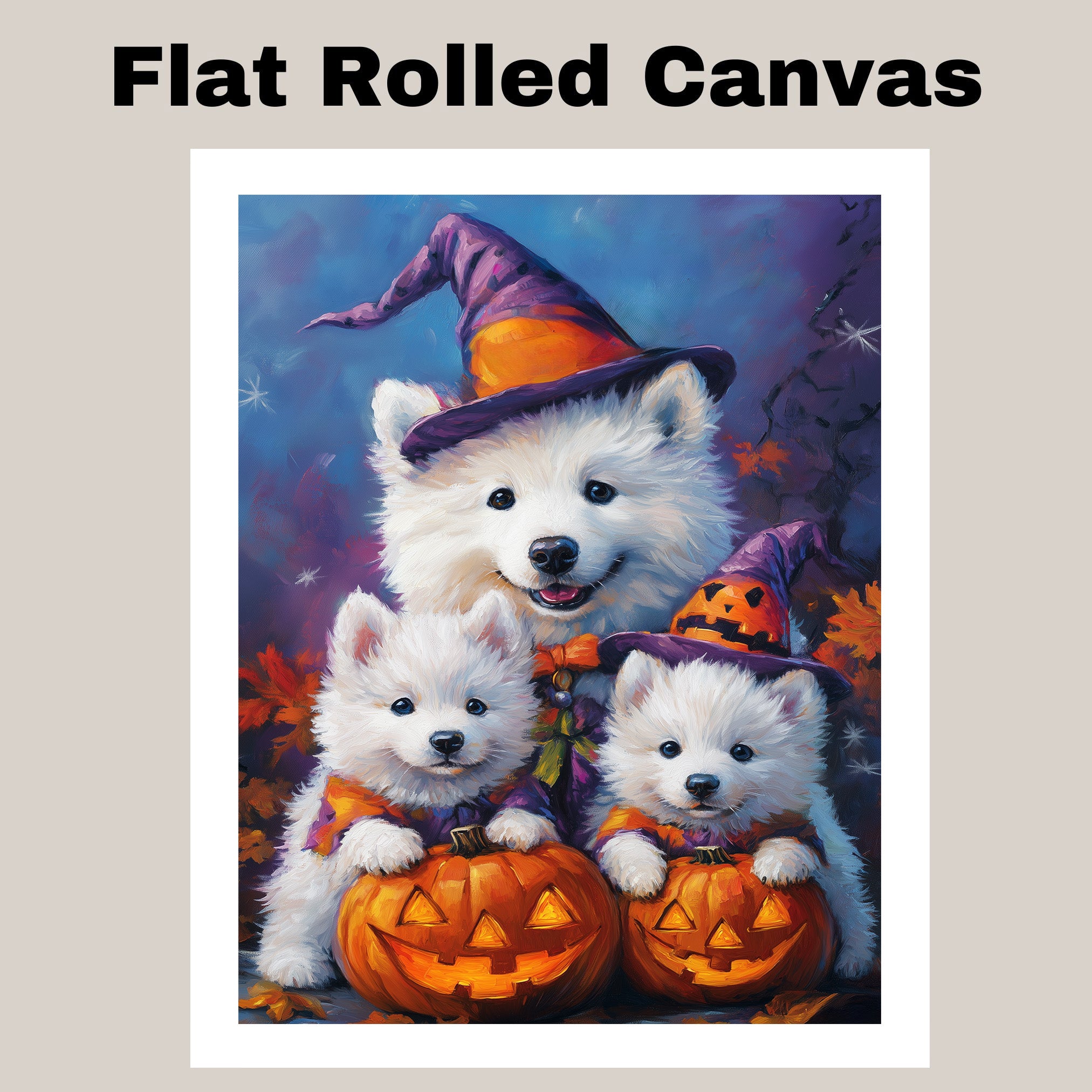 Samoyed Dog Halloween Wall Art Rustic Fall Canvas with Pumpkins Witch Hats and Autumn Leaves Farmhouse Pet Decor for Home or Bathroom on Ready to Hang 1.5" Thick Canvas Wrap, Floating Framed Canvas, Flat Rolled Canvas