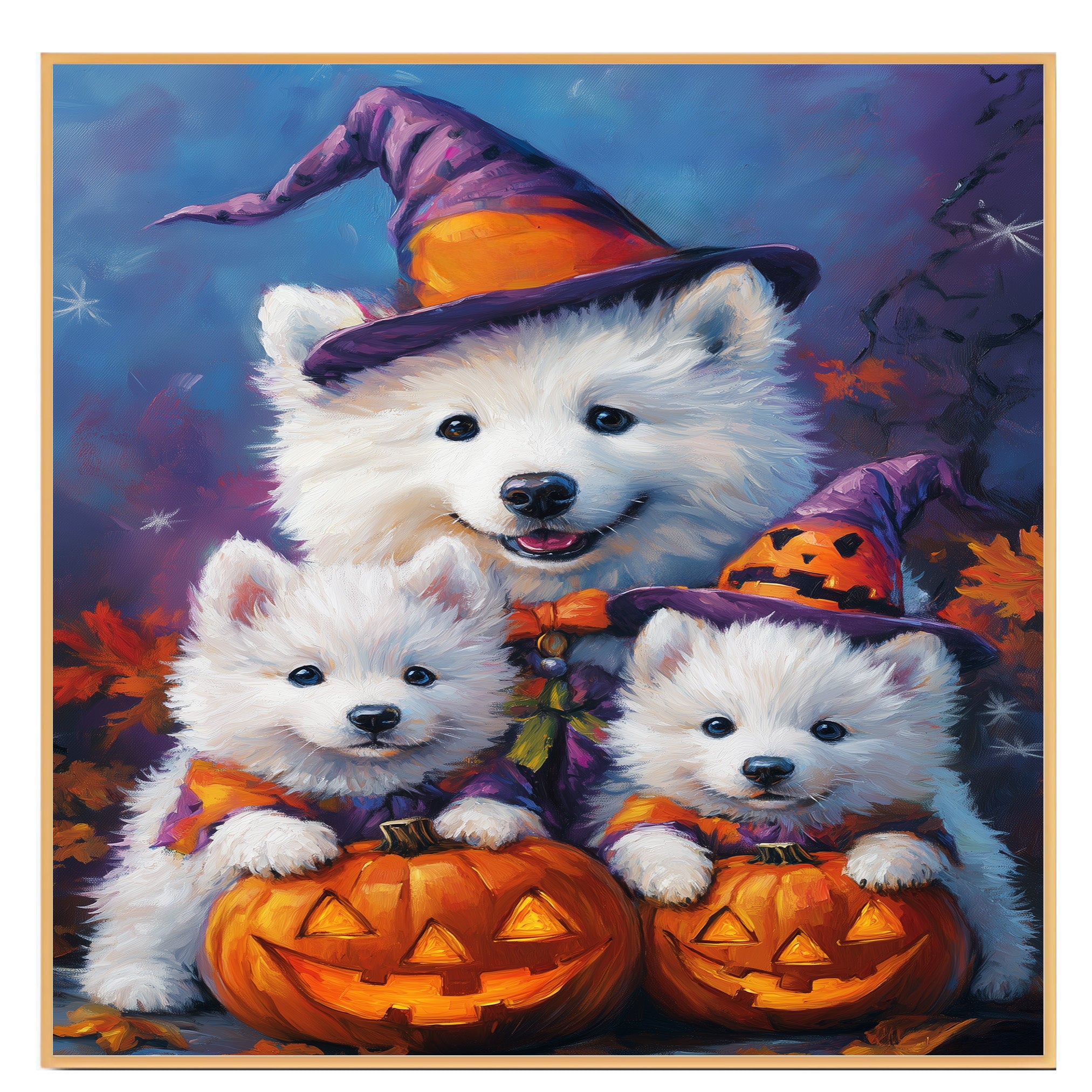 Samoyed Dog Halloween Wall Art Rustic Fall Canvas with Pumpkins Witch Hats and Autumn Leaves Farmhouse Pet Decor for Home or Bathroom on Ready to Hang 1.5" Thick Canvas Wrap, Floating Framed Canvas, Flat Rolled Canvas