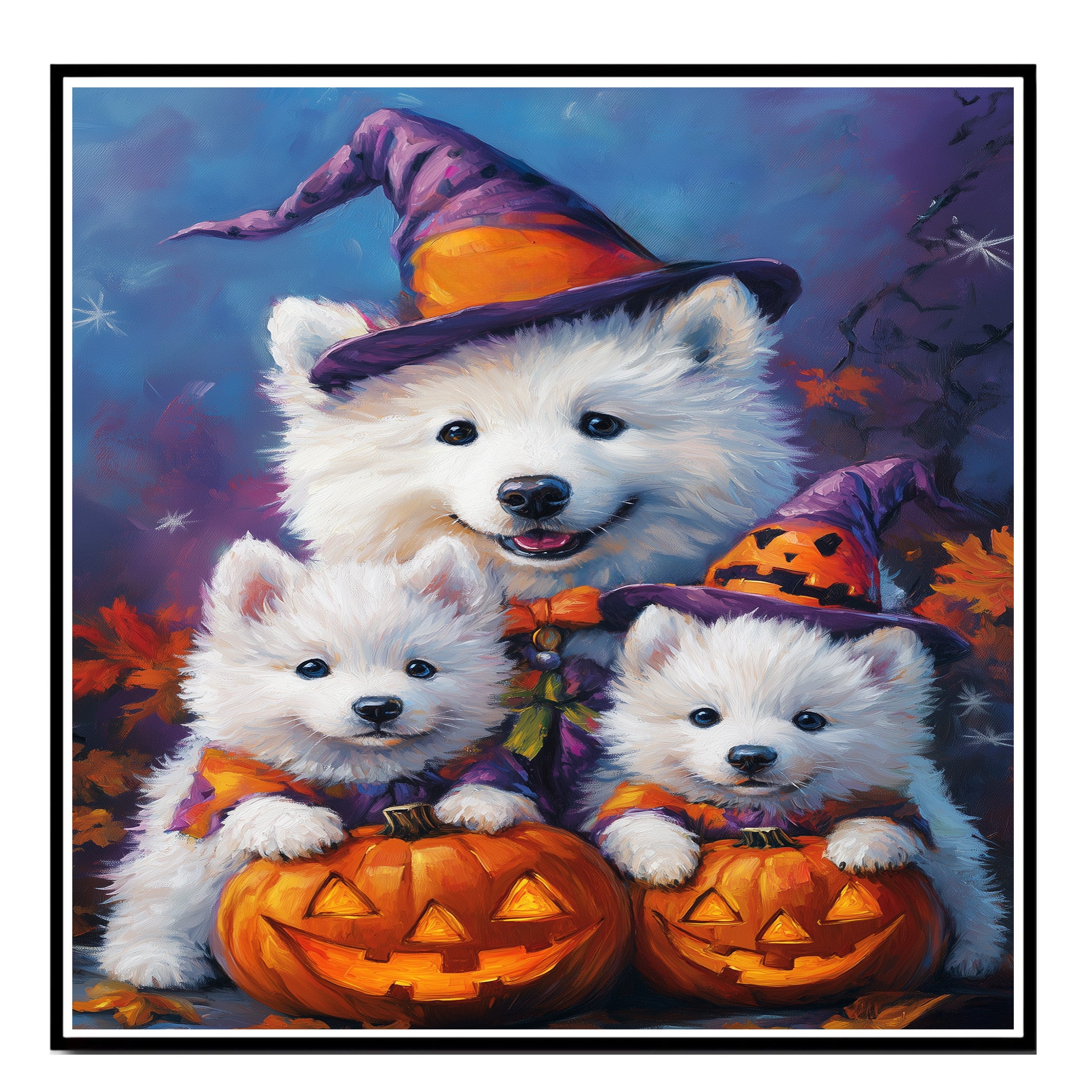 Samoyed Dog Halloween Wall Art Rustic Fall Canvas with Pumpkins Witch Hats and Autumn Leaves Farmhouse Pet Decor for Home or Bathroom on Ready to Hang 1.5" Thick Canvas Wrap, Floating Framed Canvas, Flat Rolled Canvas