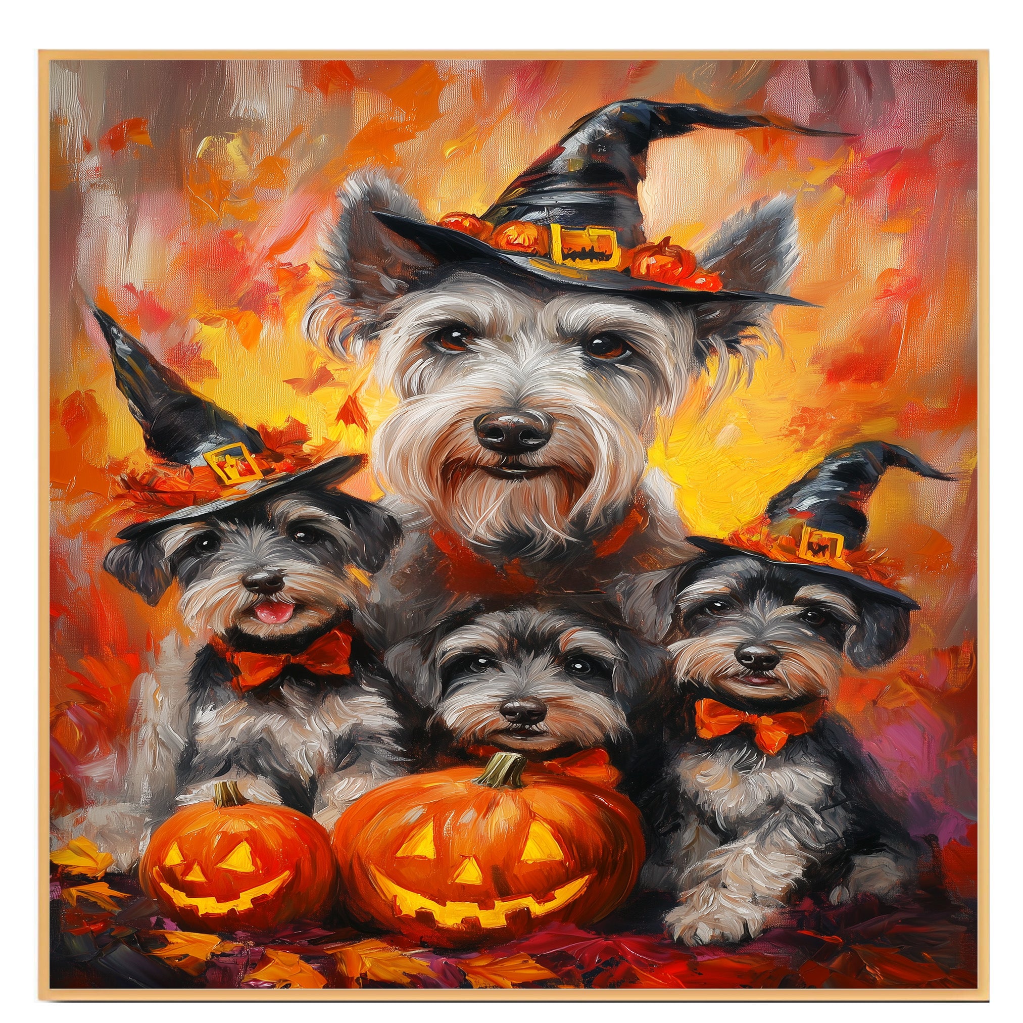 Halloween Schnauzer Dog Wall Art Rustic Fall Canvas with Pumpkins Witch Hats and Autumn Leaves Farmhouse Pet Decor for Home on Ready to Hang 1.5" Thick Canvas Wrap, Floating Framed Canvas, Flat Rolled Canvas