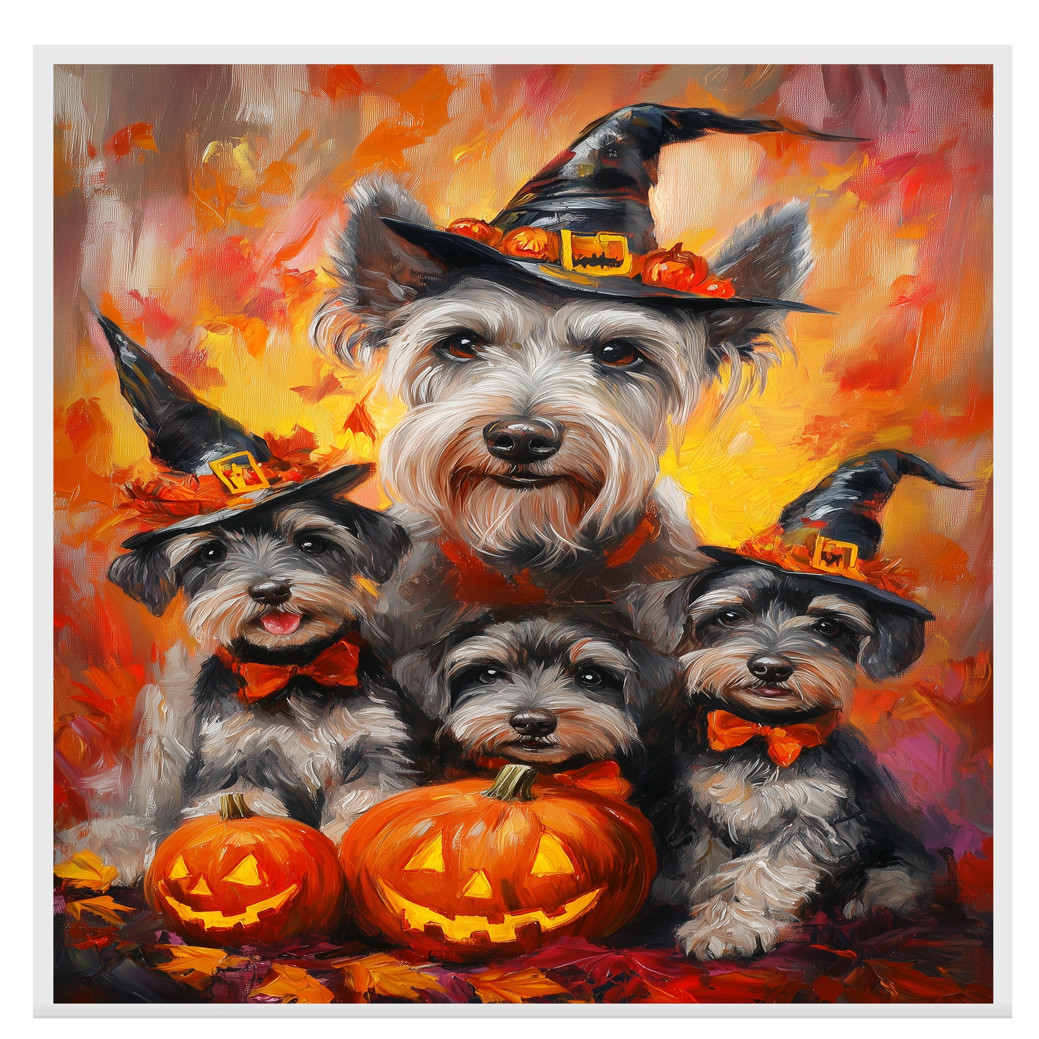 Halloween Schnauzer Dog Wall Art Rustic Fall Canvas with Pumpkins Witch Hats and Autumn Leaves Farmhouse Pet Decor for Home on Ready to Hang 1.5" Thick Canvas Wrap, Floating Framed Canvas, Flat Rolled Canvas