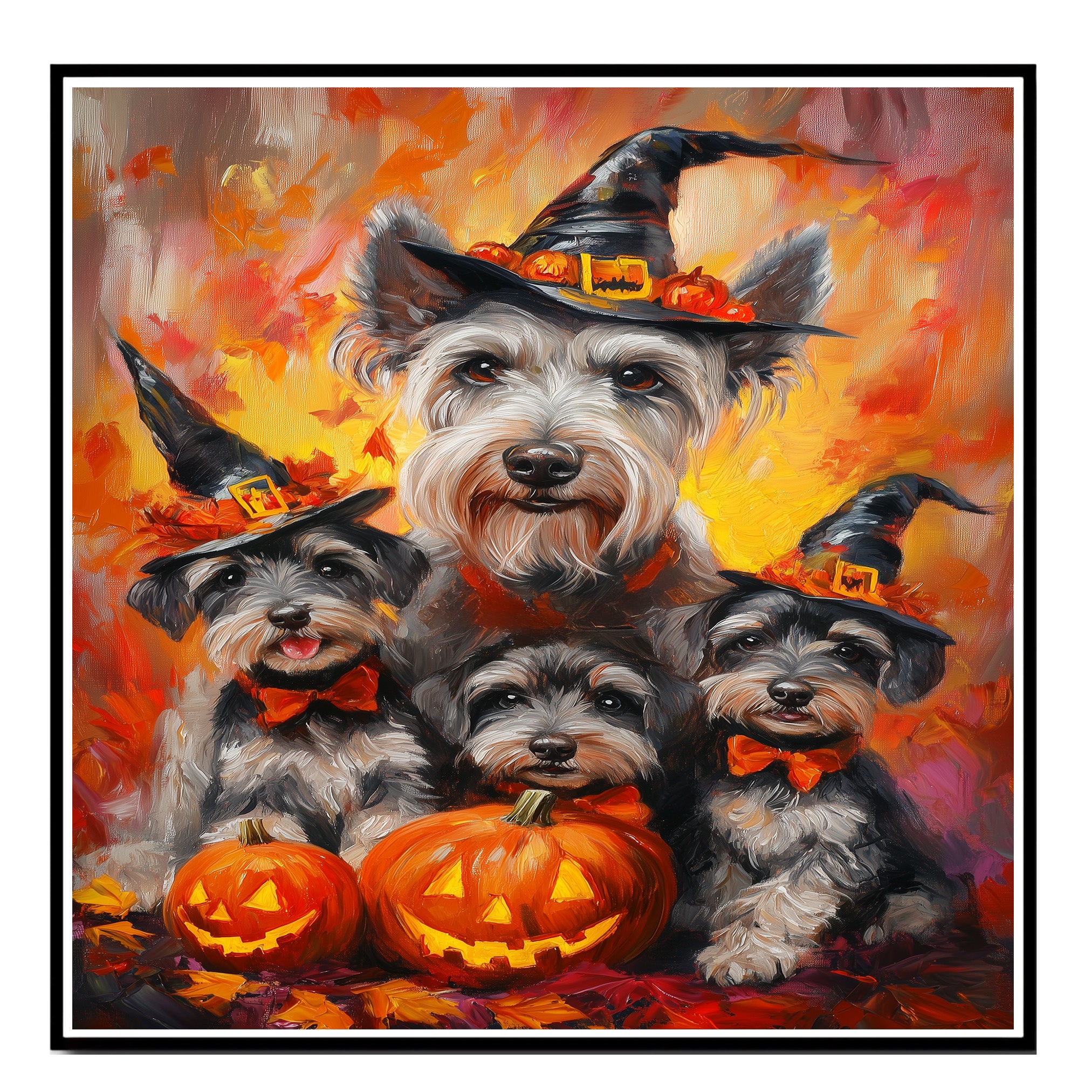 Halloween Schnauzer Dog Wall Art Rustic Fall Canvas with Pumpkins Witch Hats and Autumn Leaves Farmhouse Pet Decor for Home on Ready to Hang 1.5" Thick Canvas Wrap, Floating Framed Canvas, Flat Rolled Canvas