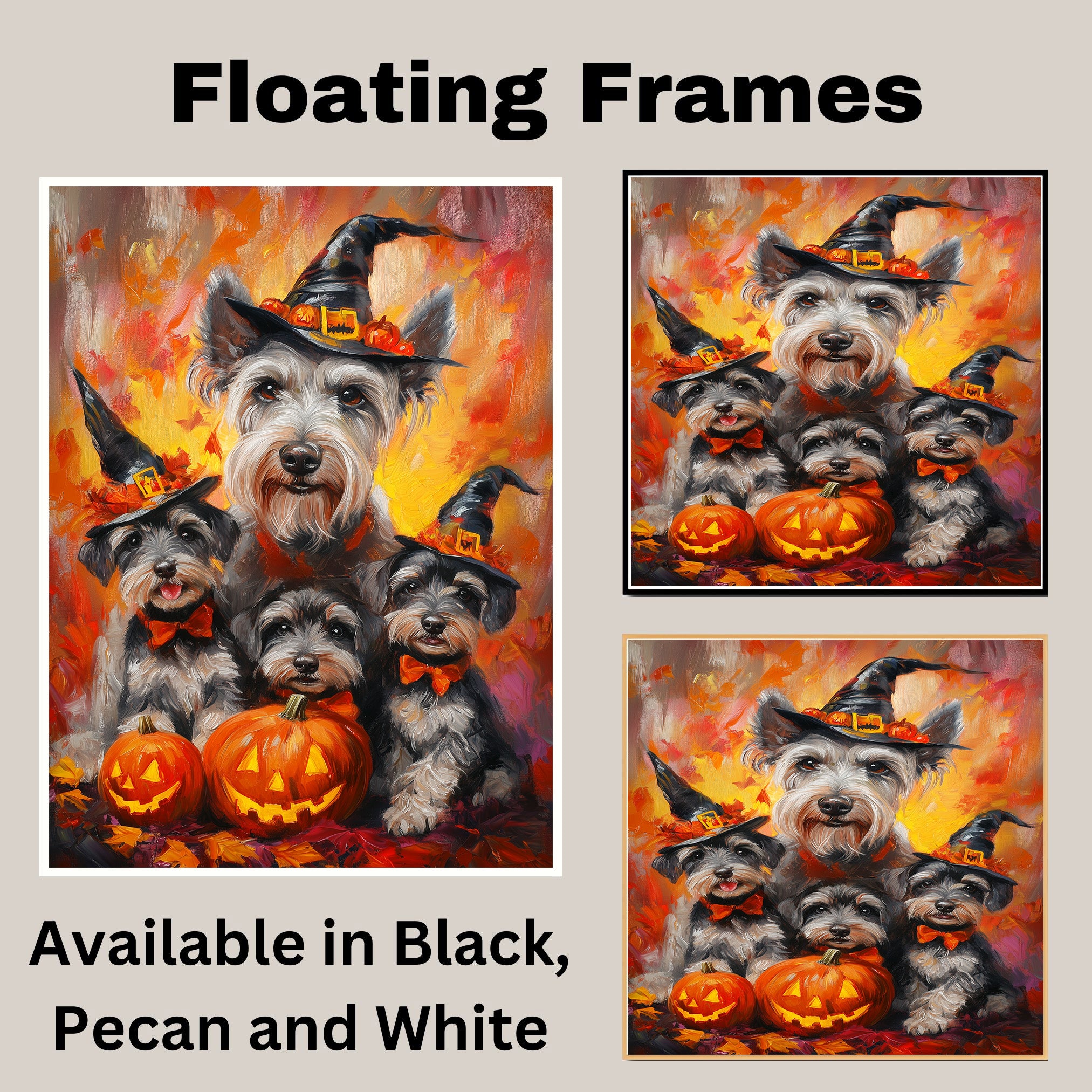 Halloween Schnauzer Dog Wall Art Rustic Fall Canvas with Pumpkins Witch Hats and Autumn Leaves Farmhouse Pet Decor for Home on Ready to Hang 1.5" Thick Canvas Wrap, Floating Framed Canvas, Flat Rolled Canvas
