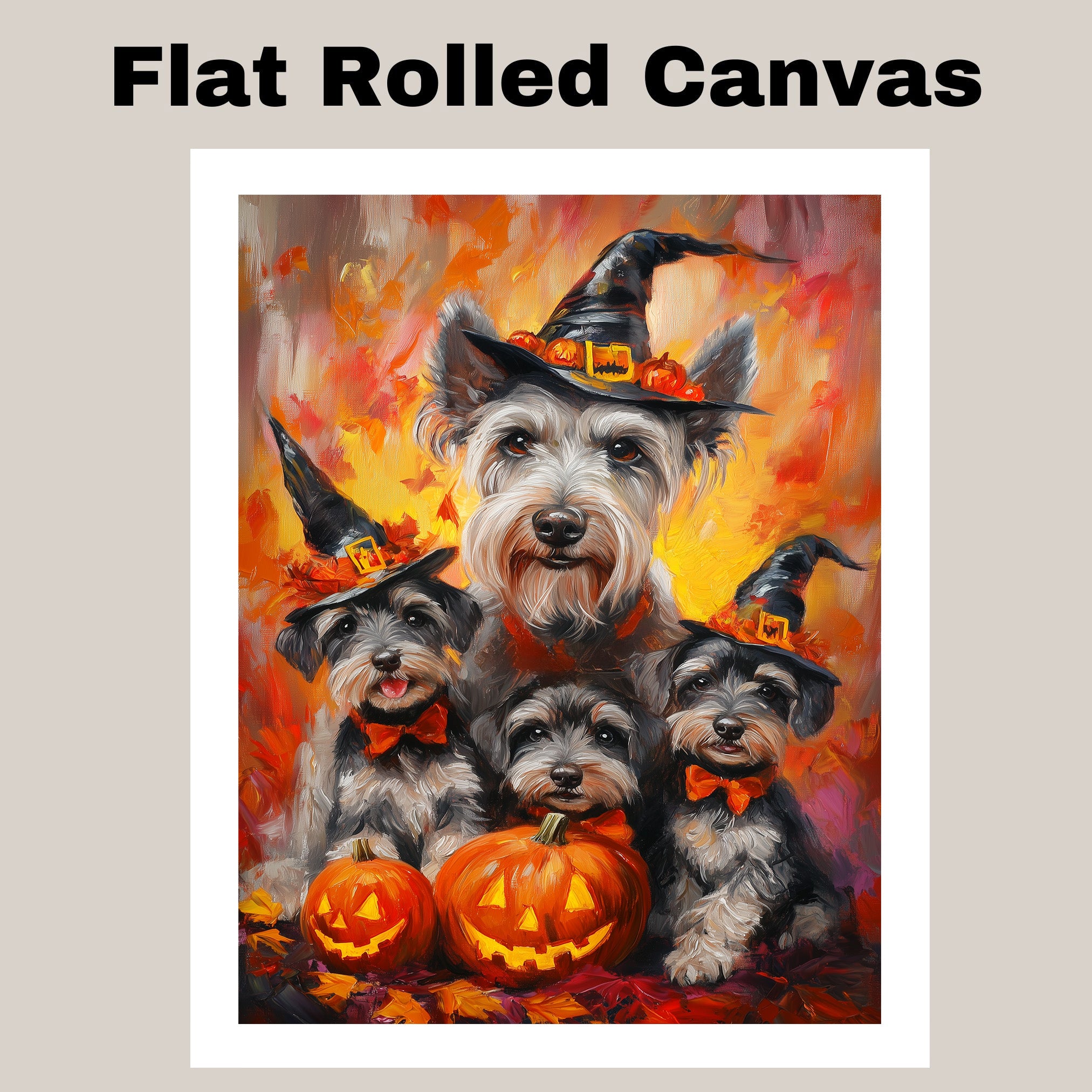 Halloween Schnauzer Dog Wall Art Rustic Fall Canvas with Pumpkins Witch Hats and Autumn Leaves Farmhouse Pet Decor for Home on Ready to Hang 1.5" Thick Canvas Wrap, Floating Framed Canvas, Flat Rolled Canvas