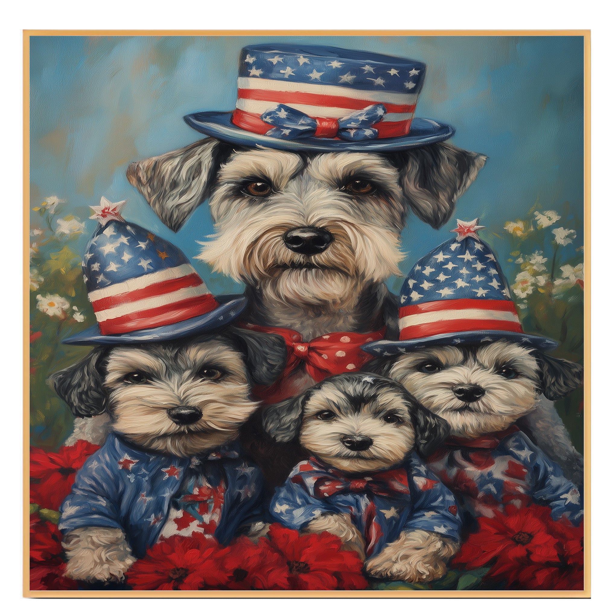 Schnauzer Dog Family in Patriotic Outfits and American Flag Hats with Flowers for Fourth of July Celebration on Ready to Hang 1.5" Thick Canvas Wrap, Floating Framed Canvas, Flat Rolled Canvas