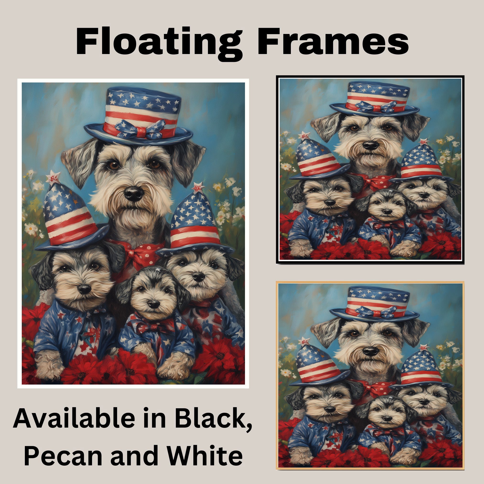 Schnauzer Dog Family in Patriotic Outfits and American Flag Hats with Flowers for Fourth of July Celebration on Ready to Hang 1.5" Thick Canvas Wrap, Floating Framed Canvas, Flat Rolled Canvas
