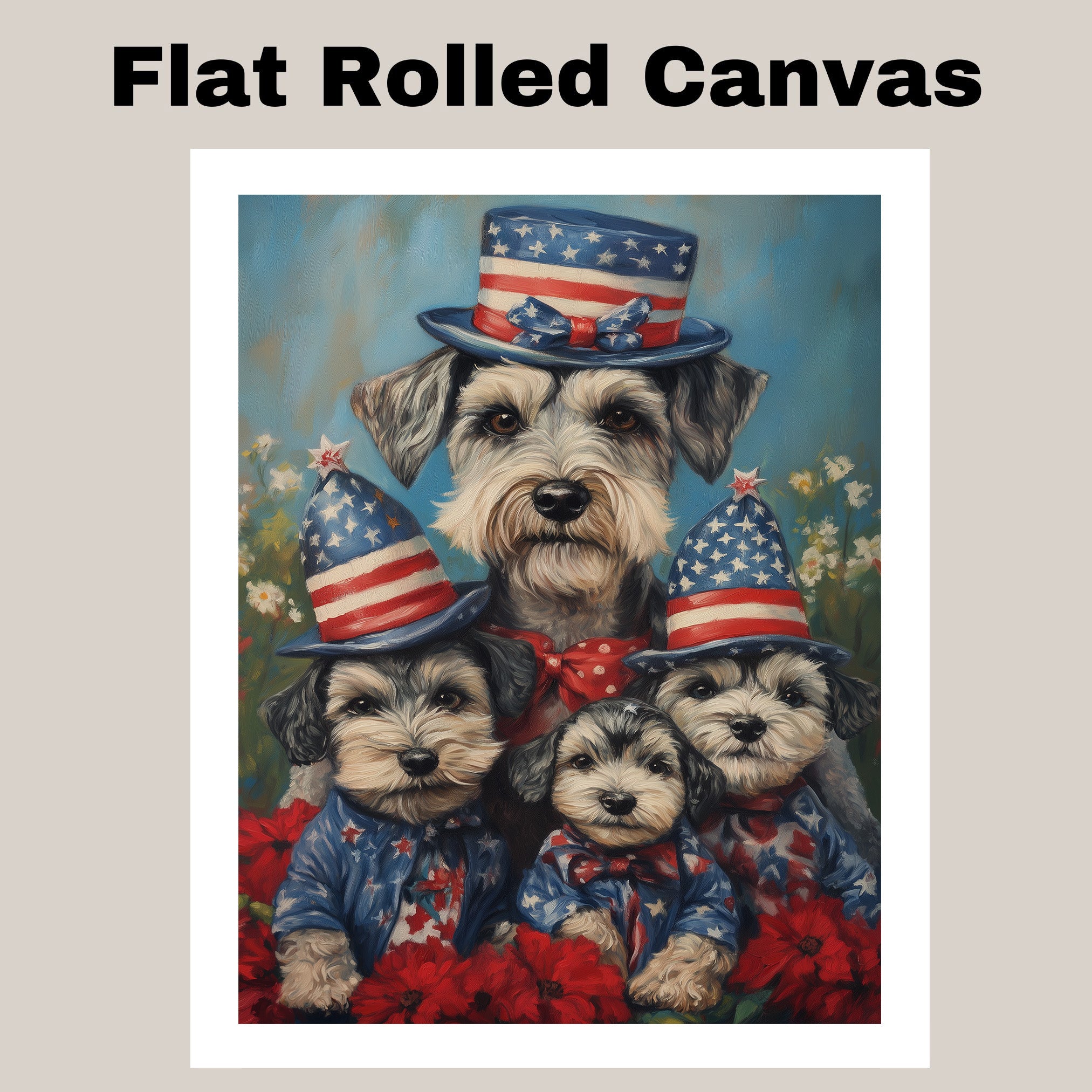 Schnauzer Dog Family in Patriotic Outfits and American Flag Hats with Flowers for Fourth of July Celebration on Ready to Hang 1.5" Thick Canvas Wrap, Floating Framed Canvas, Flat Rolled Canvas
