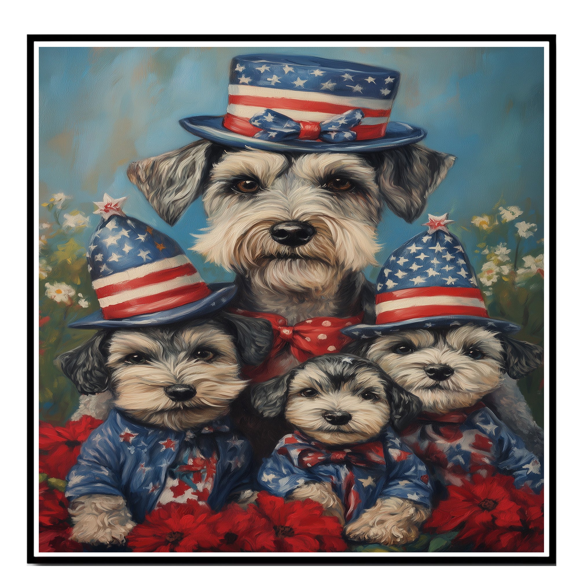 Schnauzer Dog Family in Patriotic Outfits and American Flag Hats with Flowers for Fourth of July Celebration on Ready to Hang 1.5" Thick Canvas Wrap, Floating Framed Canvas, Flat Rolled Canvas