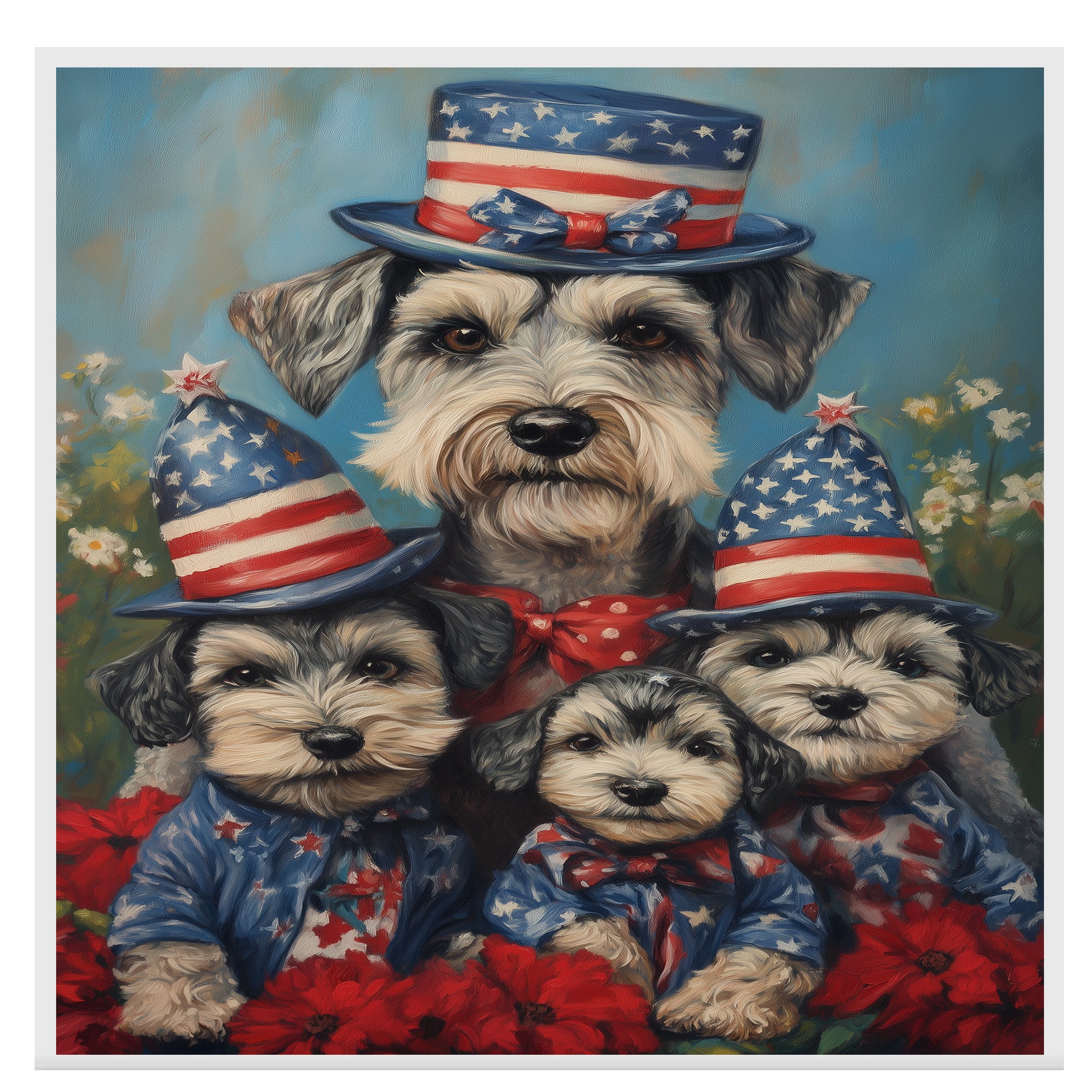 Schnauzer Dog Family in Patriotic Outfits and American Flag Hats with Flowers for Fourth of July Celebration on Ready to Hang 1.5" Thick Canvas Wrap, Floating Framed Canvas, Flat Rolled Canvas