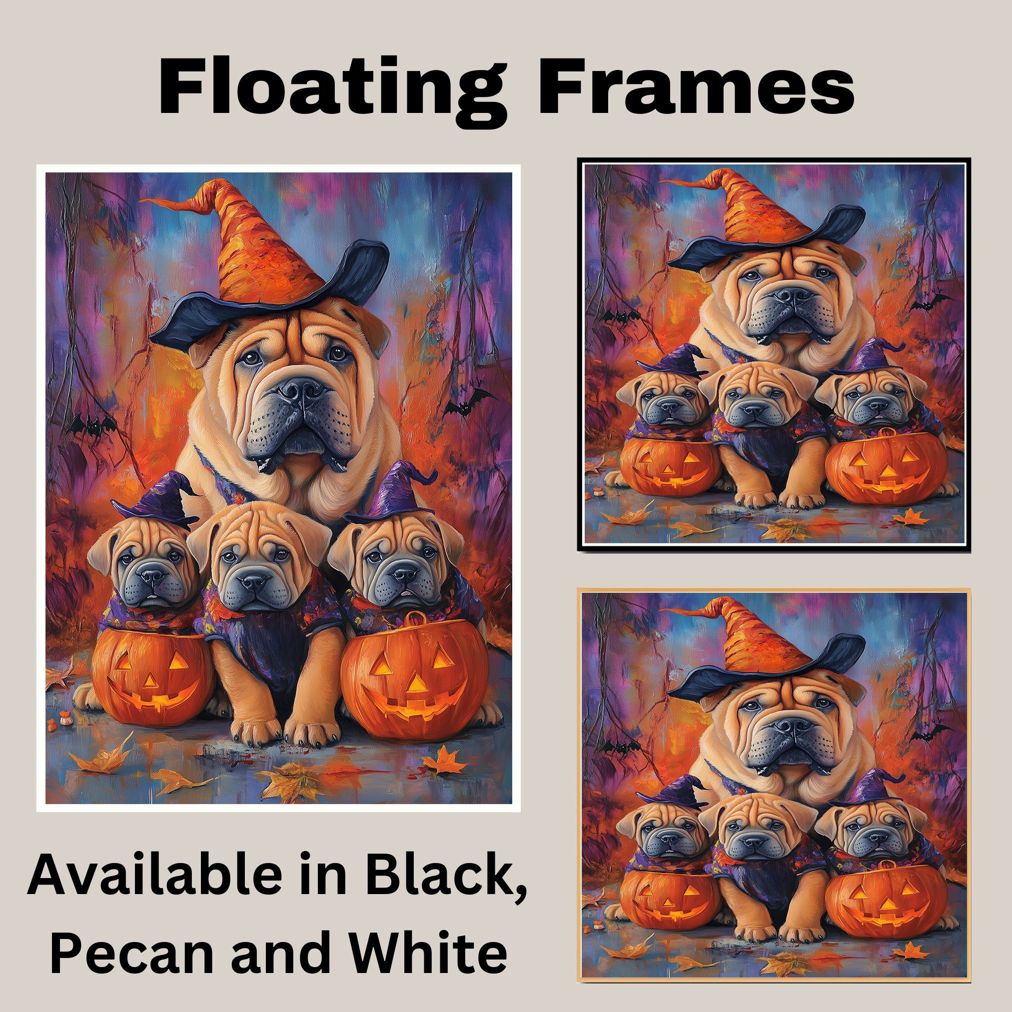 Halloween Shar Pei Dog Wall Art Rustic Fall Canvas with Pumpkins Witch Hats and Autumn Leaves Farmhouse Pet Decor for Home on Ready to Hang 1.5" Thick Canvas Wrap, Floating Framed Canvas, Flat Rolled Canvas