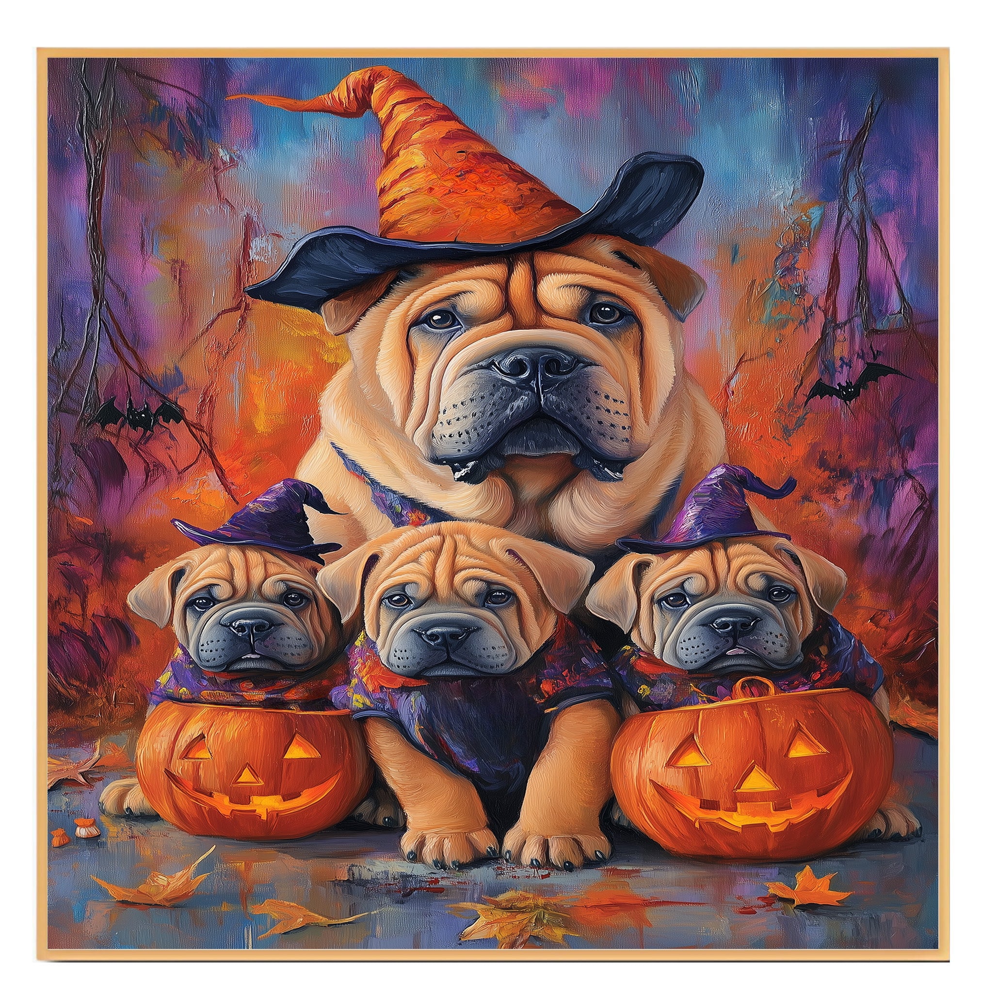 Halloween Shar Pei Dog Wall Art Rustic Fall Canvas with Pumpkins Witch Hats and Autumn Leaves Farmhouse Pet Decor for Home on Ready to Hang 1.5" Thick Canvas Wrap, Floating Framed Canvas, Flat Rolled Canvas