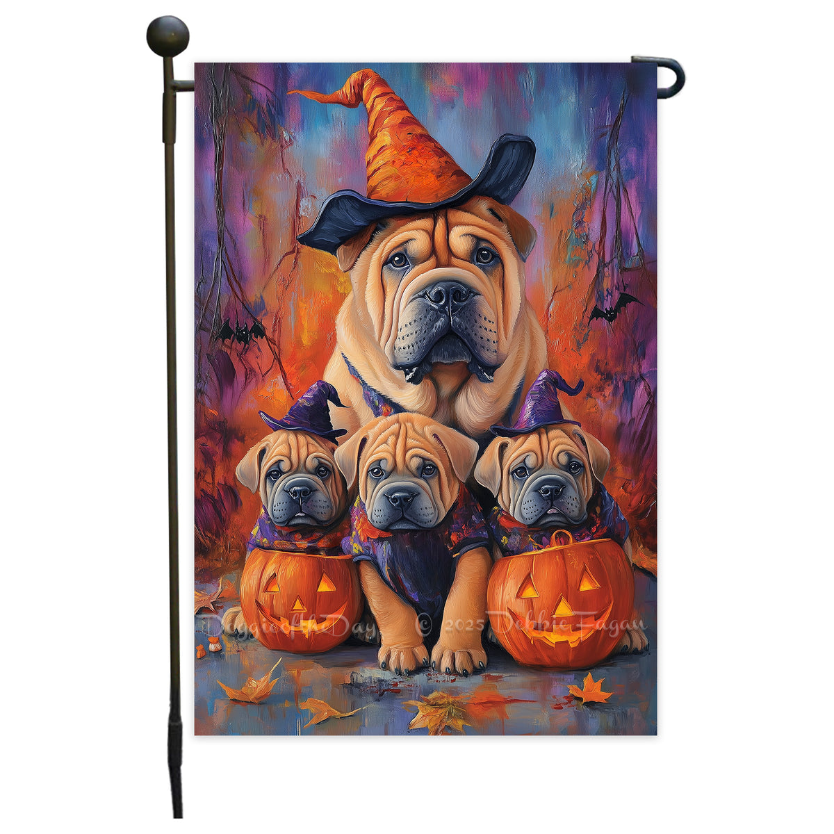 Shar Pei Dog Yard Flag Outdoor Decoration for Halloween Party Farmhouse Decor Fall Season Glowing Pumpkin Face Rustic Flag for Welcome Fall Garden Flag
