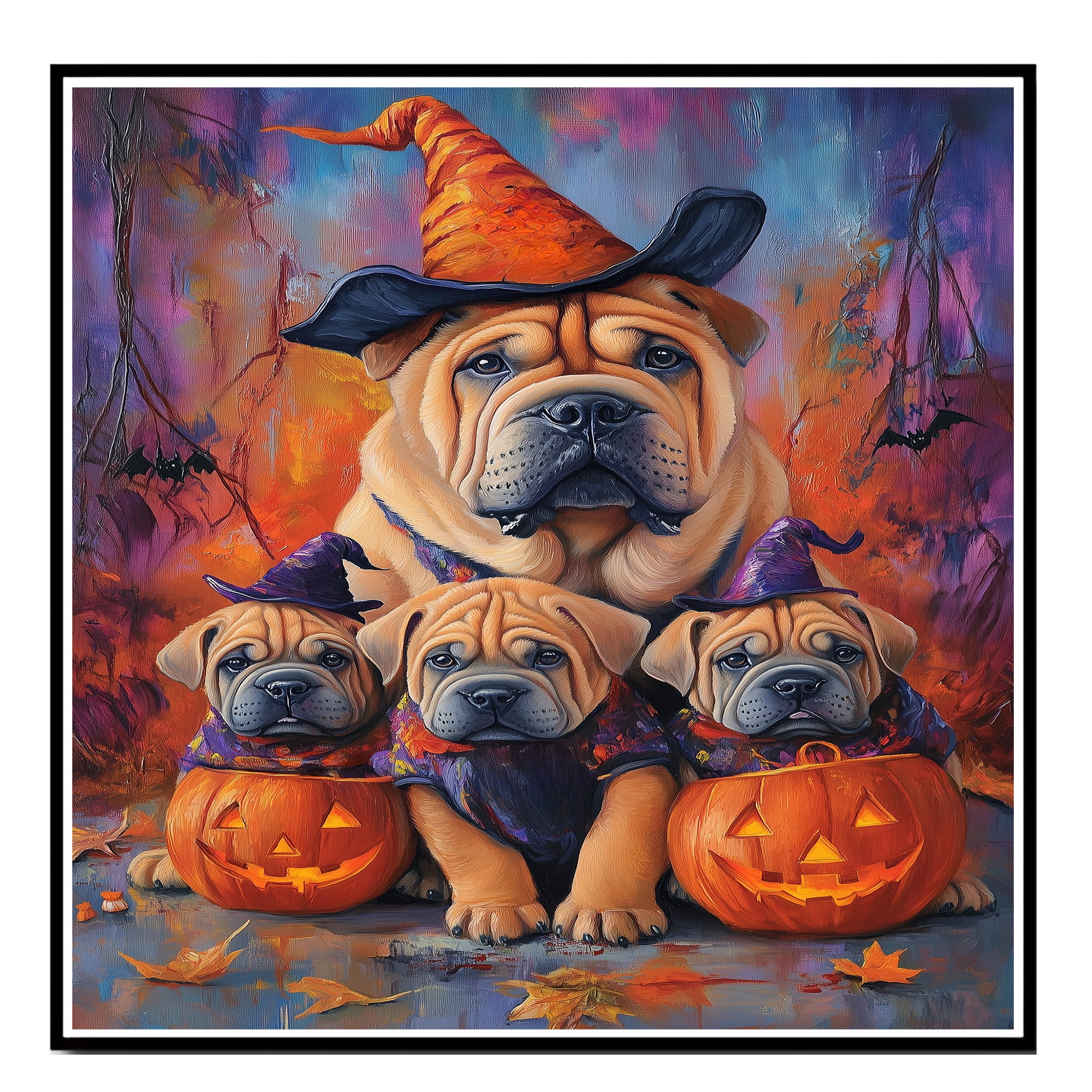 Halloween Shar Pei Dog Wall Art Rustic Fall Canvas with Pumpkins Witch Hats and Autumn Leaves Farmhouse Pet Decor for Home on Ready to Hang 1.5" Thick Canvas Wrap, Floating Framed Canvas, Flat Rolled Canvas