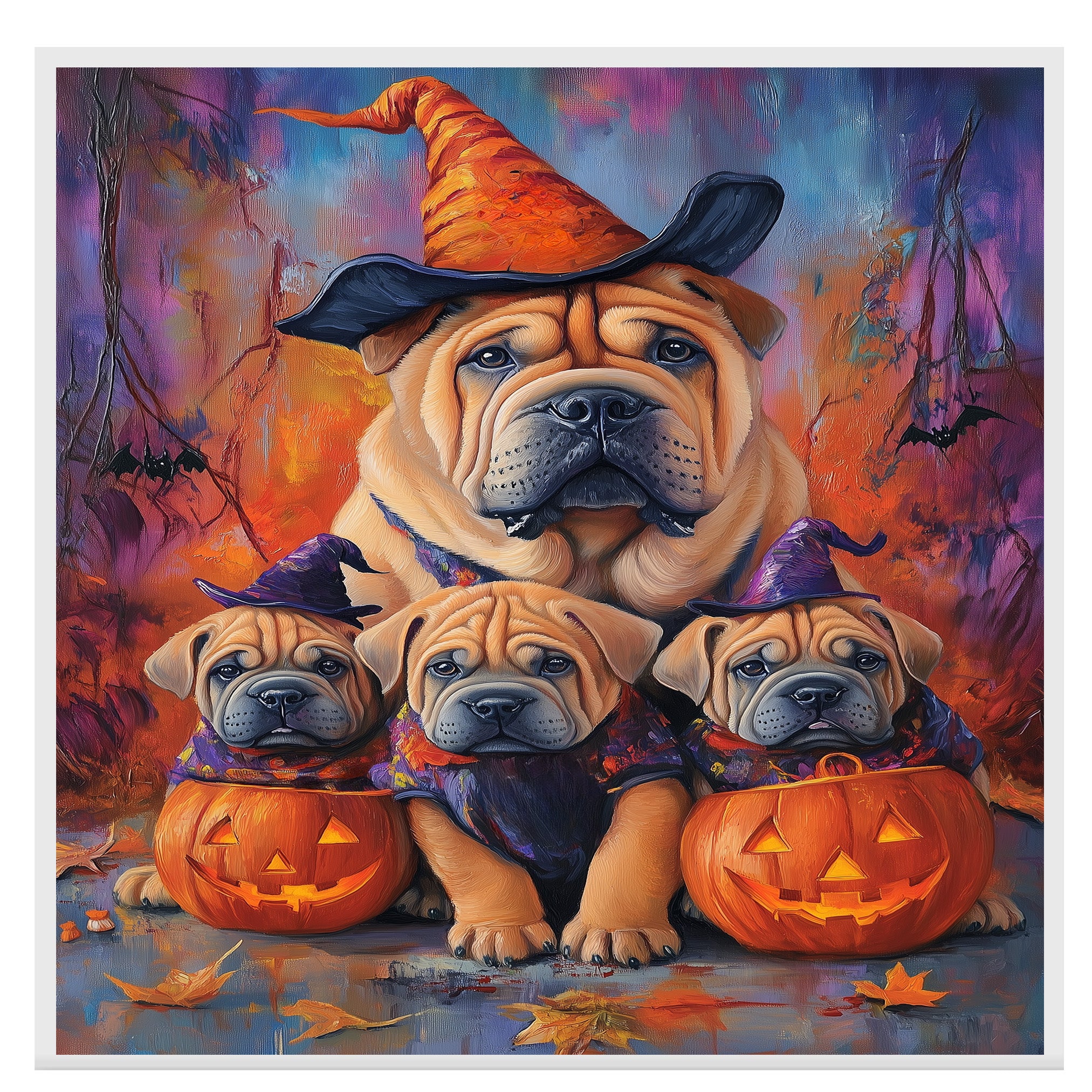 Halloween Shar Pei Dog Wall Art Rustic Fall Canvas with Pumpkins Witch Hats and Autumn Leaves Farmhouse Pet Decor for Home on Ready to Hang 1.5" Thick Canvas Wrap, Floating Framed Canvas, Flat Rolled Canvas