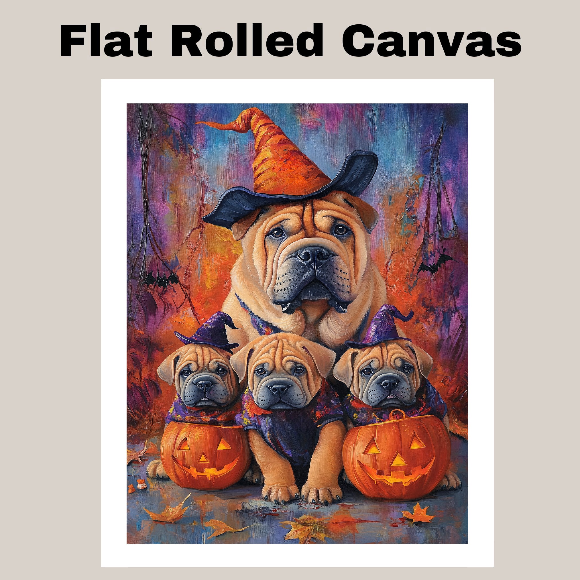 Halloween Shar Pei Dog Wall Art Rustic Fall Canvas with Pumpkins Witch Hats and Autumn Leaves Farmhouse Pet Decor for Home on Ready to Hang 1.5" Thick Canvas Wrap, Floating Framed Canvas, Flat Rolled Canvas