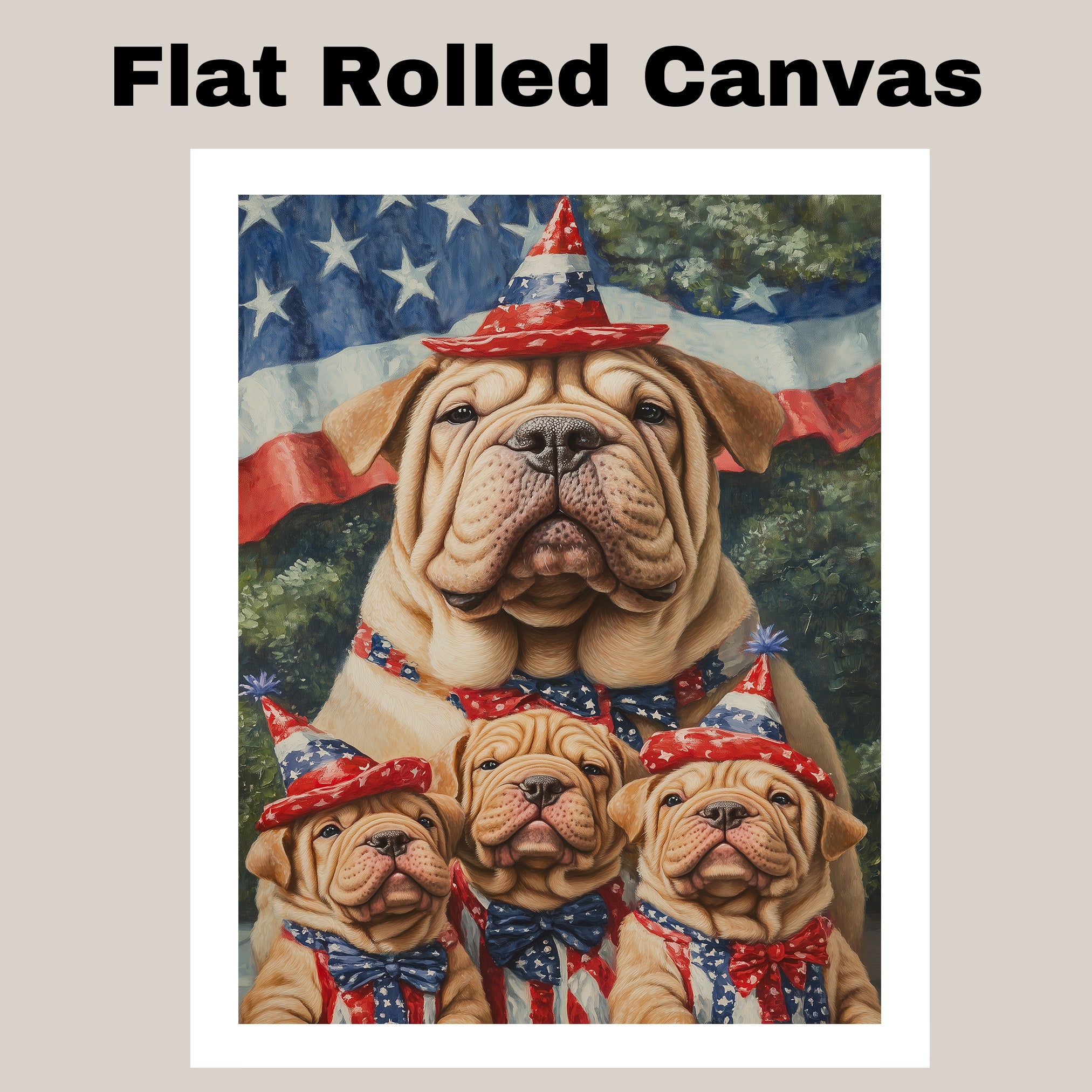 Shar Pei Dog Family in Patriotic Outfits and Party Hats with American Flag Backdrop for Fourth of July Celebration on Ready to Hang 1.5" Thick Canvas Wrap, Floating Framed Canvas, Flat Rolled Canvas