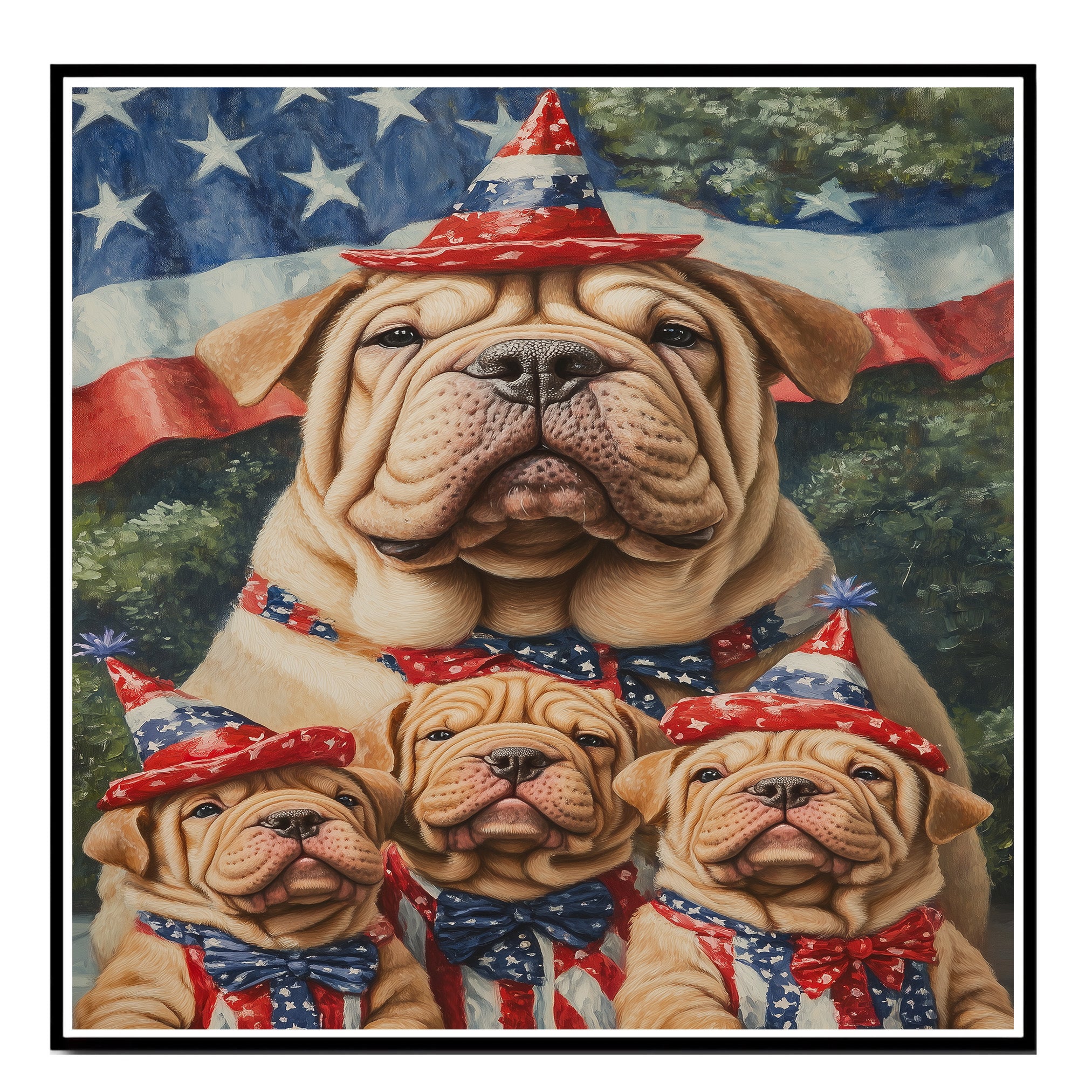 Shar Pei Dog Family in Patriotic Outfits and Party Hats with American Flag Backdrop for Fourth of July Celebration on Ready to Hang 1.5" Thick Canvas Wrap, Floating Framed Canvas, Flat Rolled Canvas