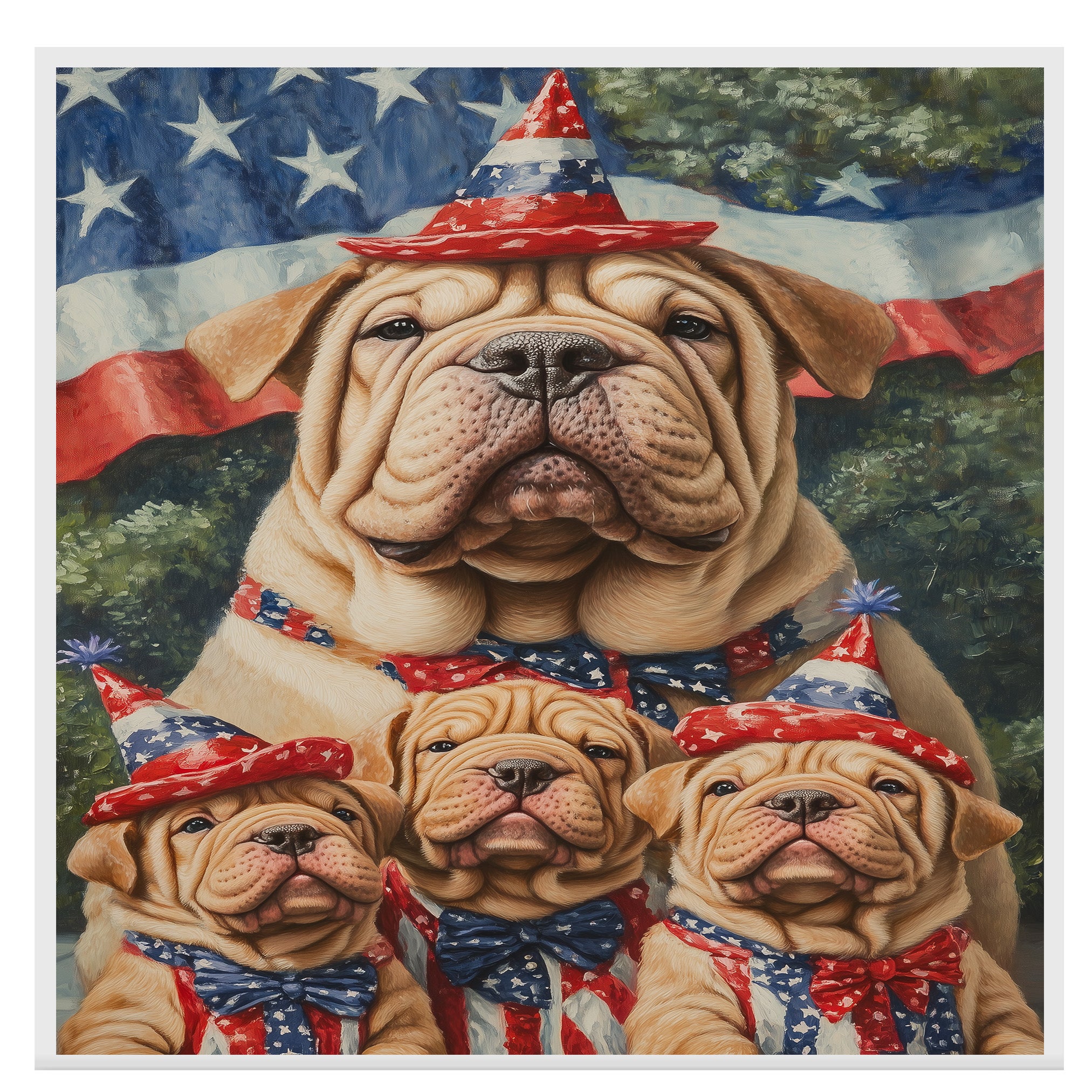 Shar Pei Dog Family in Patriotic Outfits and Party Hats with American Flag Backdrop for Fourth of July Celebration on Ready to Hang 1.5" Thick Canvas Wrap, Floating Framed Canvas, Flat Rolled Canvas