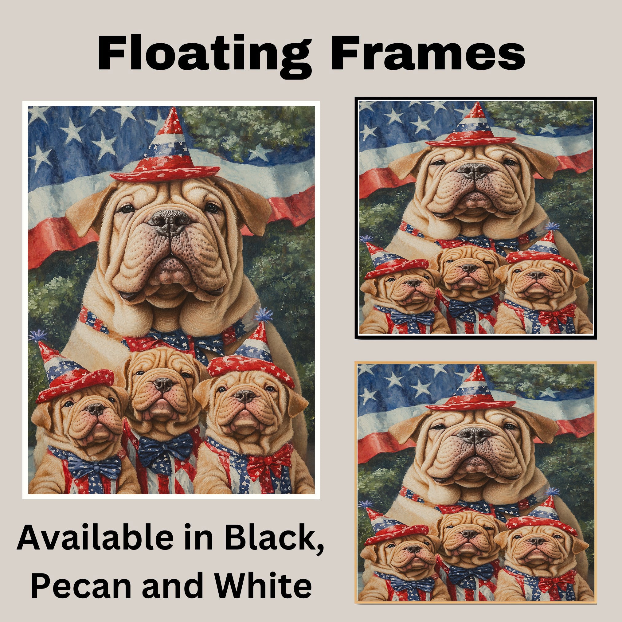 Shar Pei Dog Family in Patriotic Outfits and Party Hats with American Flag Backdrop for Fourth of July Celebration on Ready to Hang 1.5" Thick Canvas Wrap, Floating Framed Canvas, Flat Rolled Canvas
