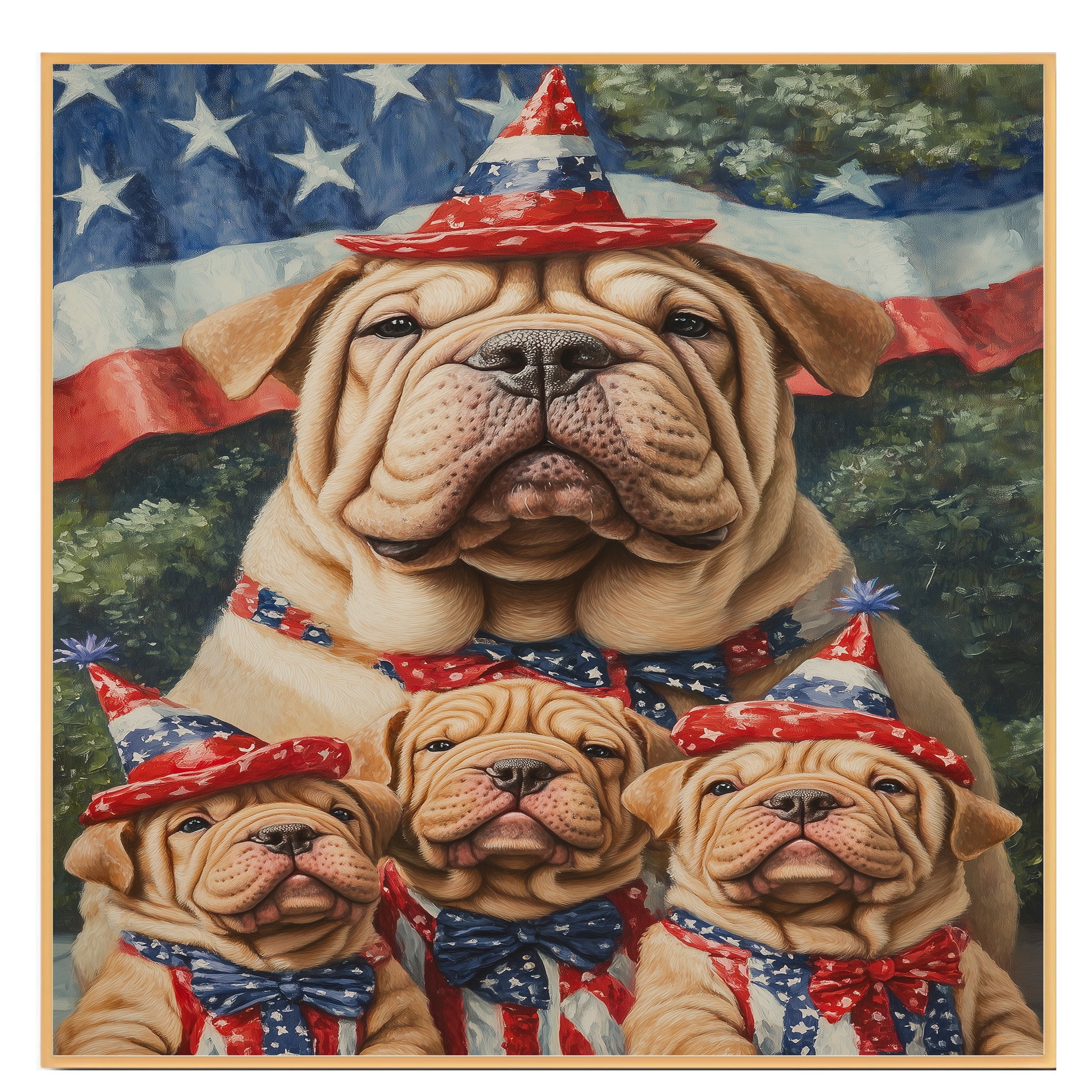 Shar Pei Dog Family in Patriotic Outfits and Party Hats with American Flag Backdrop for Fourth of July Celebration on Ready to Hang 1.5" Thick Canvas Wrap, Floating Framed Canvas, Flat Rolled Canvas