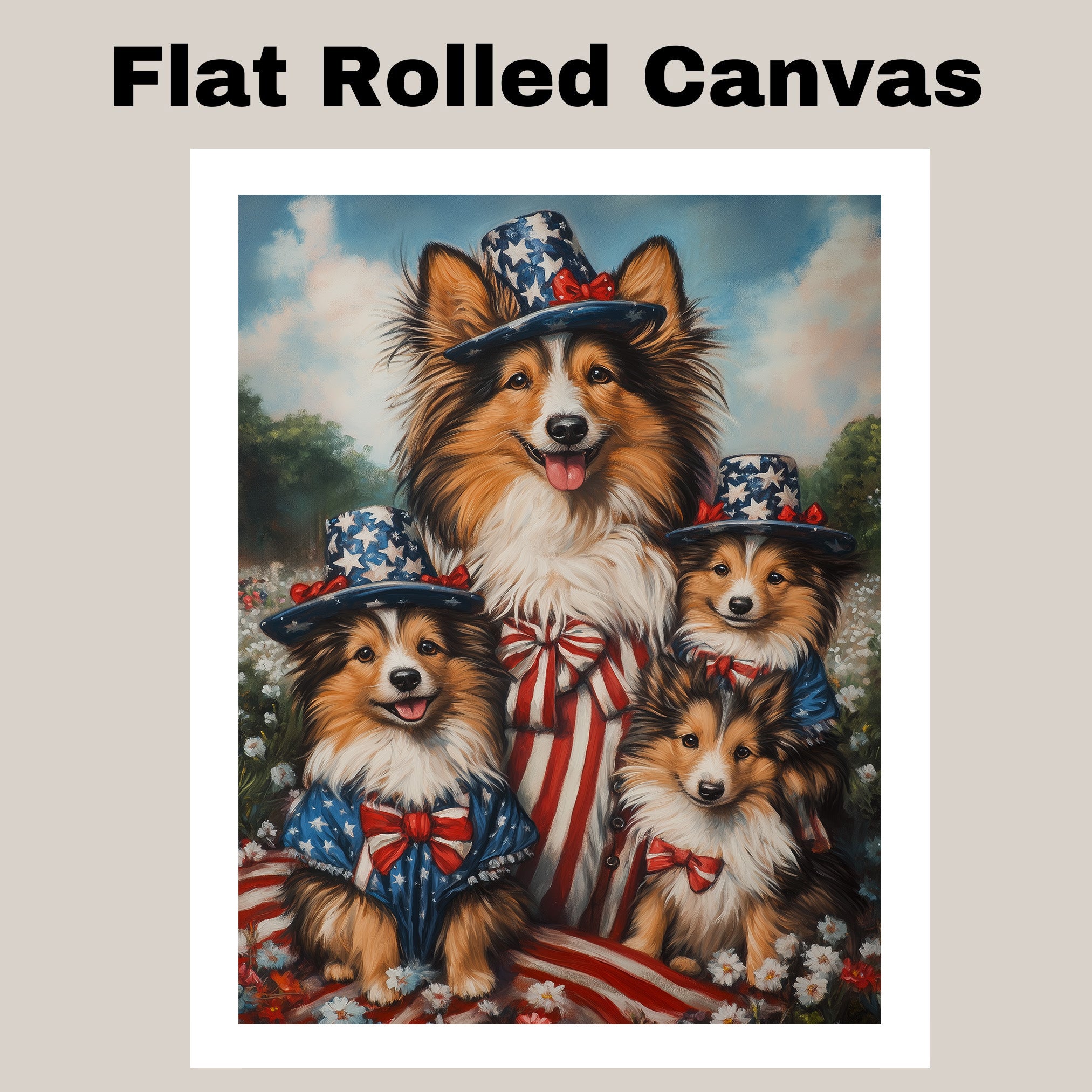 Sheltie Dog Family in American Flag Outfits and Hats with Flowers and Stripes for Fourth of July Celebration on Ready to Hang 1.5" Thick Canvas Wrap, Floating Framed Canvas, Flat Rolled Canvas