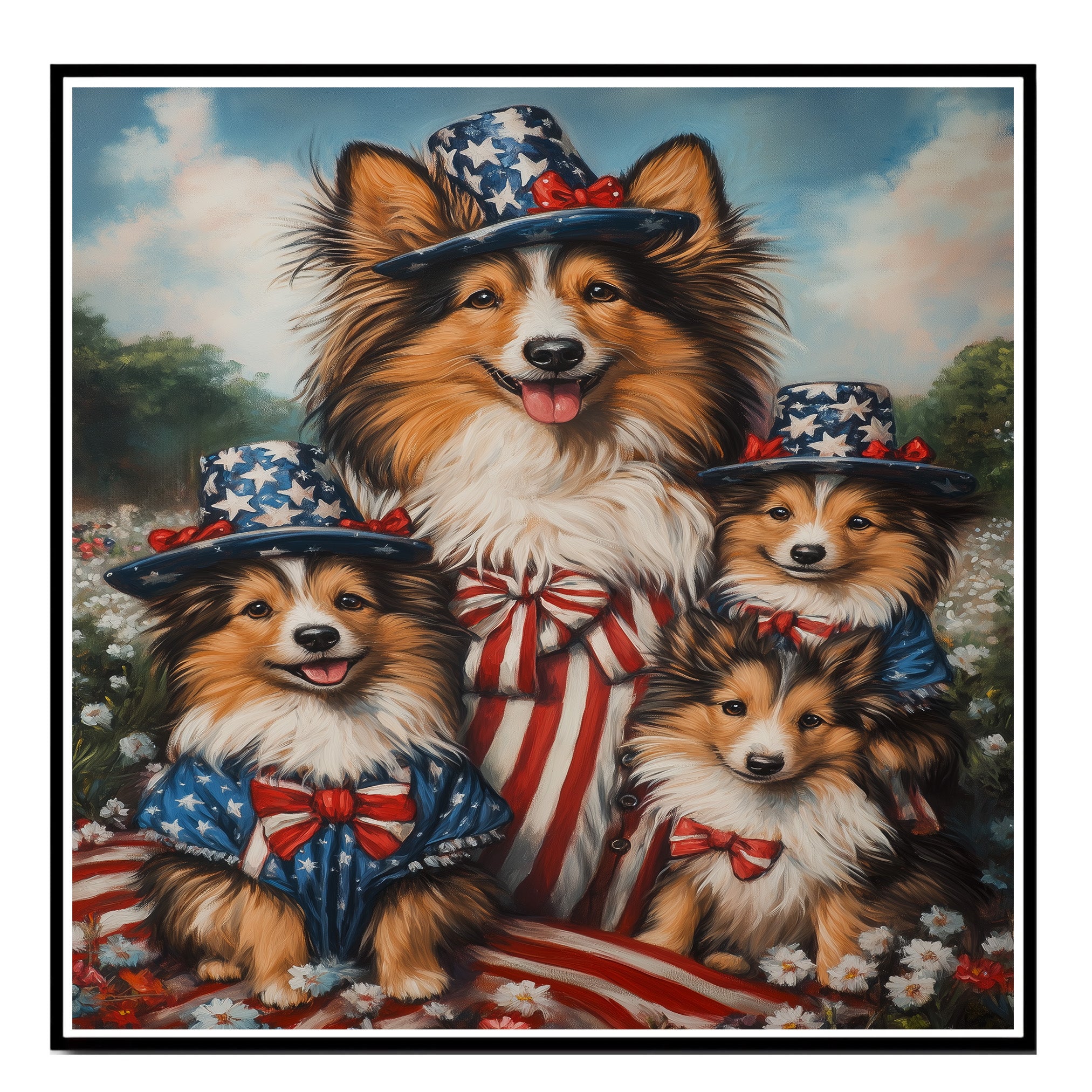 Sheltie Dog Family in American Flag Outfits and Hats with Flowers and Stripes for Fourth of July Celebration on Ready to Hang 1.5" Thick Canvas Wrap, Floating Framed Canvas, Flat Rolled Canvas