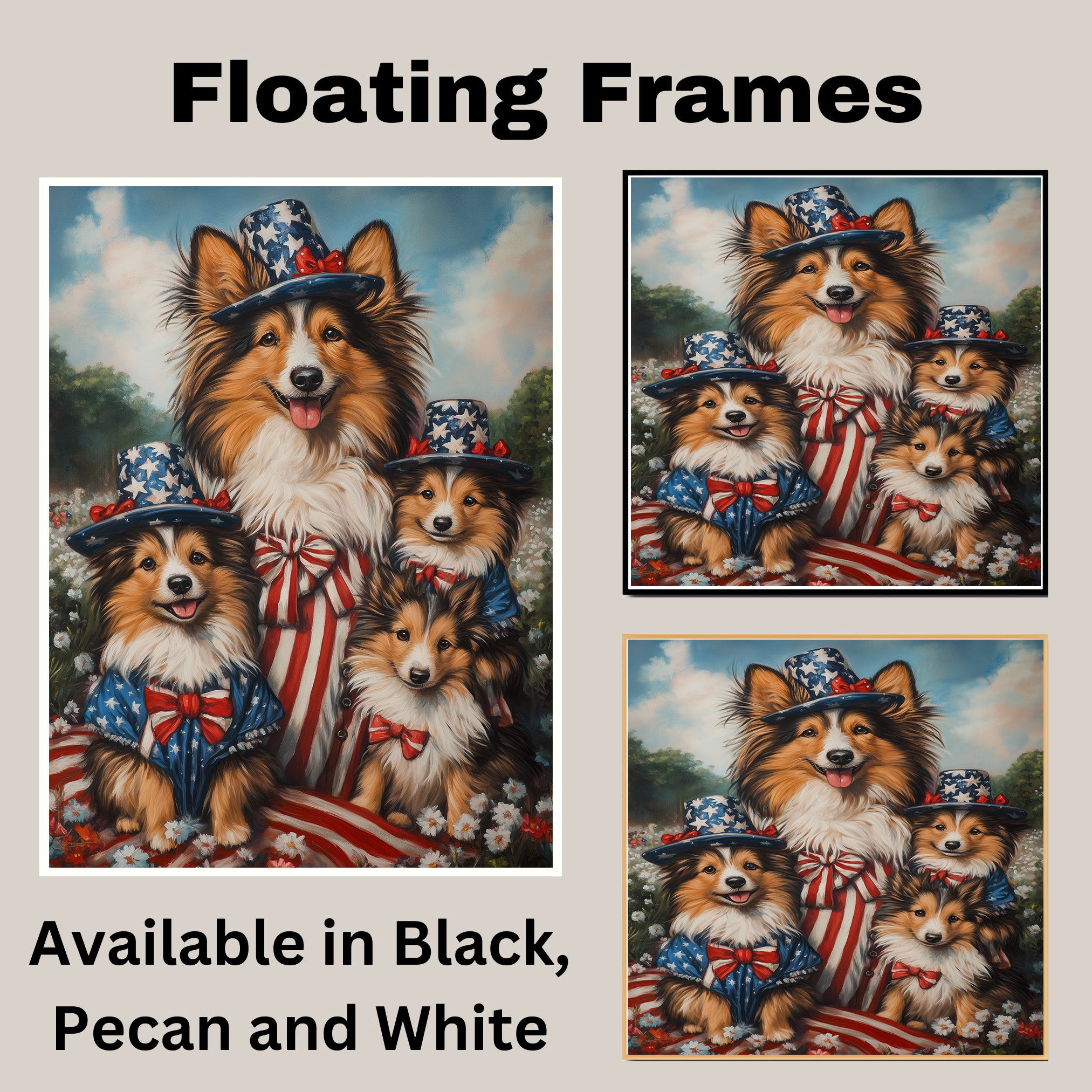 Sheltie Dog Family in American Flag Outfits and Hats with Flowers and Stripes for Fourth of July Celebration on Ready to Hang 1.5" Thick Canvas Wrap, Floating Framed Canvas, Flat Rolled Canvas