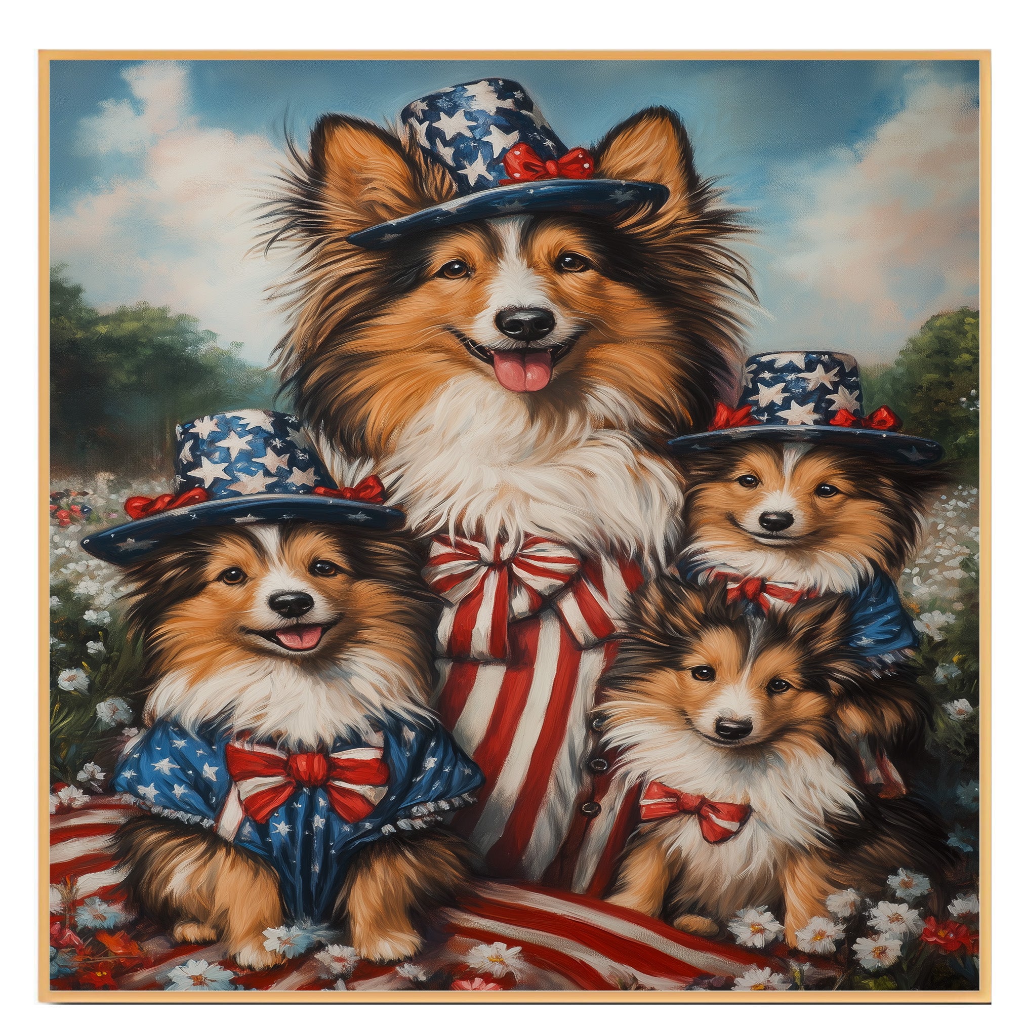 Sheltie Dog Family in American Flag Outfits and Hats with Flowers and Stripes for Fourth of July Celebration on Ready to Hang 1.5" Thick Canvas Wrap, Floating Framed Canvas, Flat Rolled Canvas