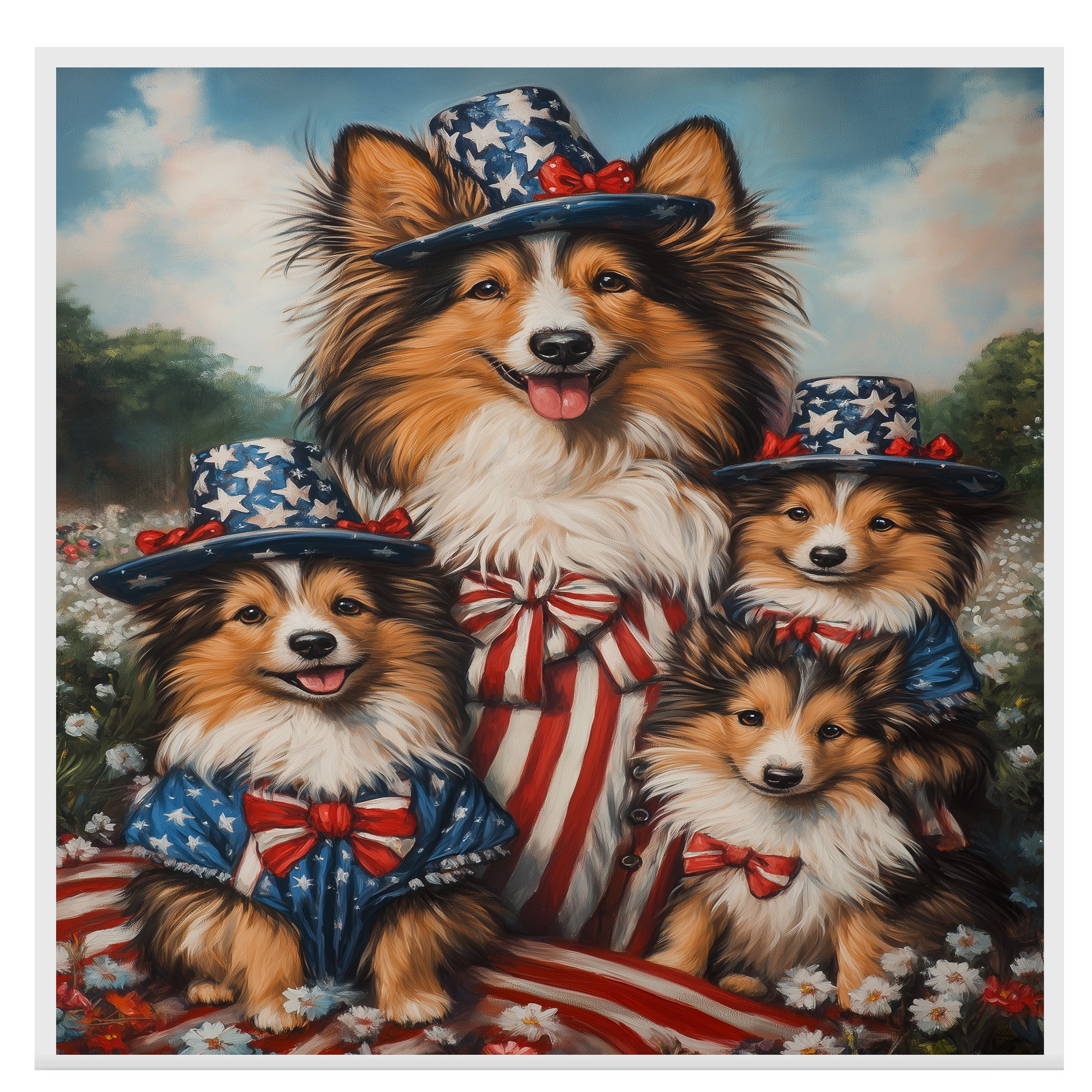 Sheltie Dog Family in American Flag Outfits and Hats with Flowers and Stripes for Fourth of July Celebration on Ready to Hang 1.5" Thick Canvas Wrap, Floating Framed Canvas, Flat Rolled Canvas