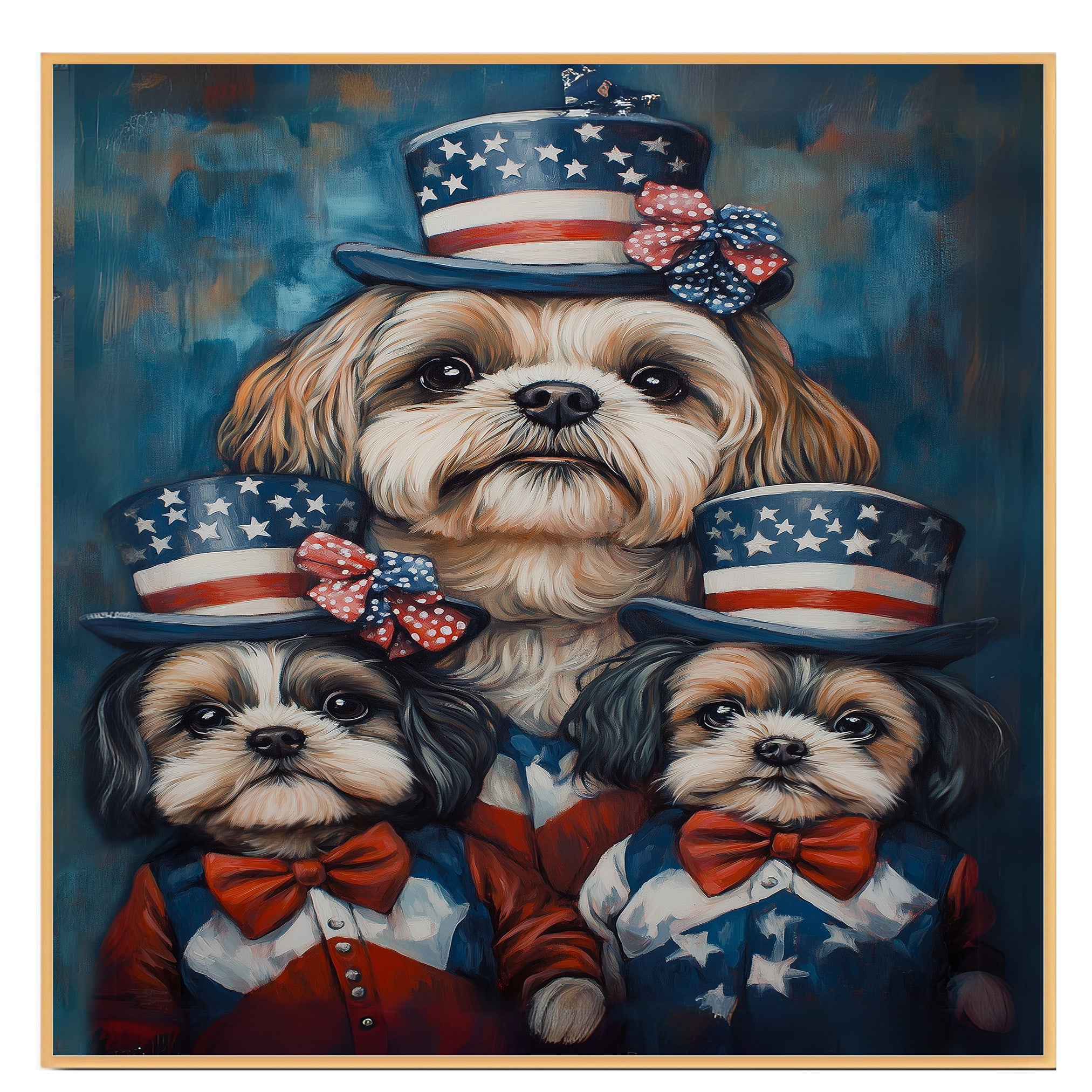 Shih Tzu Dog Family in Patriotic Outfits and American Flag Hats with Bows for Fourth of July Celebration on Ready to Hang 1.5" Thick Canvas Wrap, Floating Framed Canvas, Flat Rolled Canvas