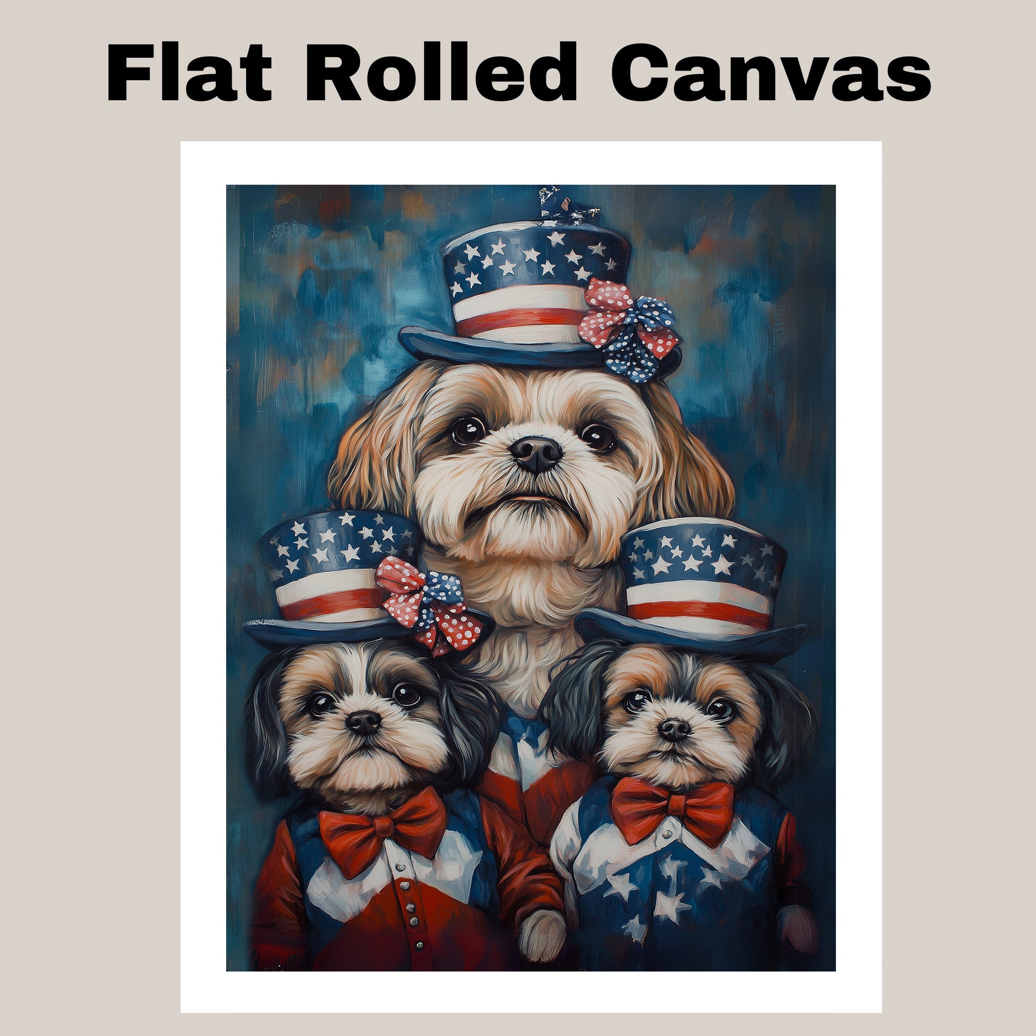 Shih Tzu Dog Family in Patriotic Outfits and American Flag Hats with Bows for Fourth of July Celebration on Ready to Hang 1.5" Thick Canvas Wrap, Floating Framed Canvas, Flat Rolled Canvas