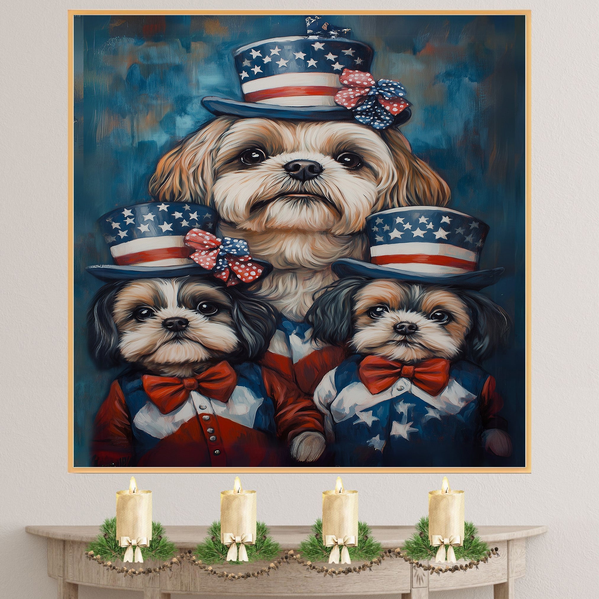 Shih Tzu Dog Family in Patriotic Outfits and American Flag Hats with Bows for Fourth of July Celebration on Ready to Hang 1.5" Thick Canvas Wrap, Floating Framed Canvas, Flat Rolled Canvas