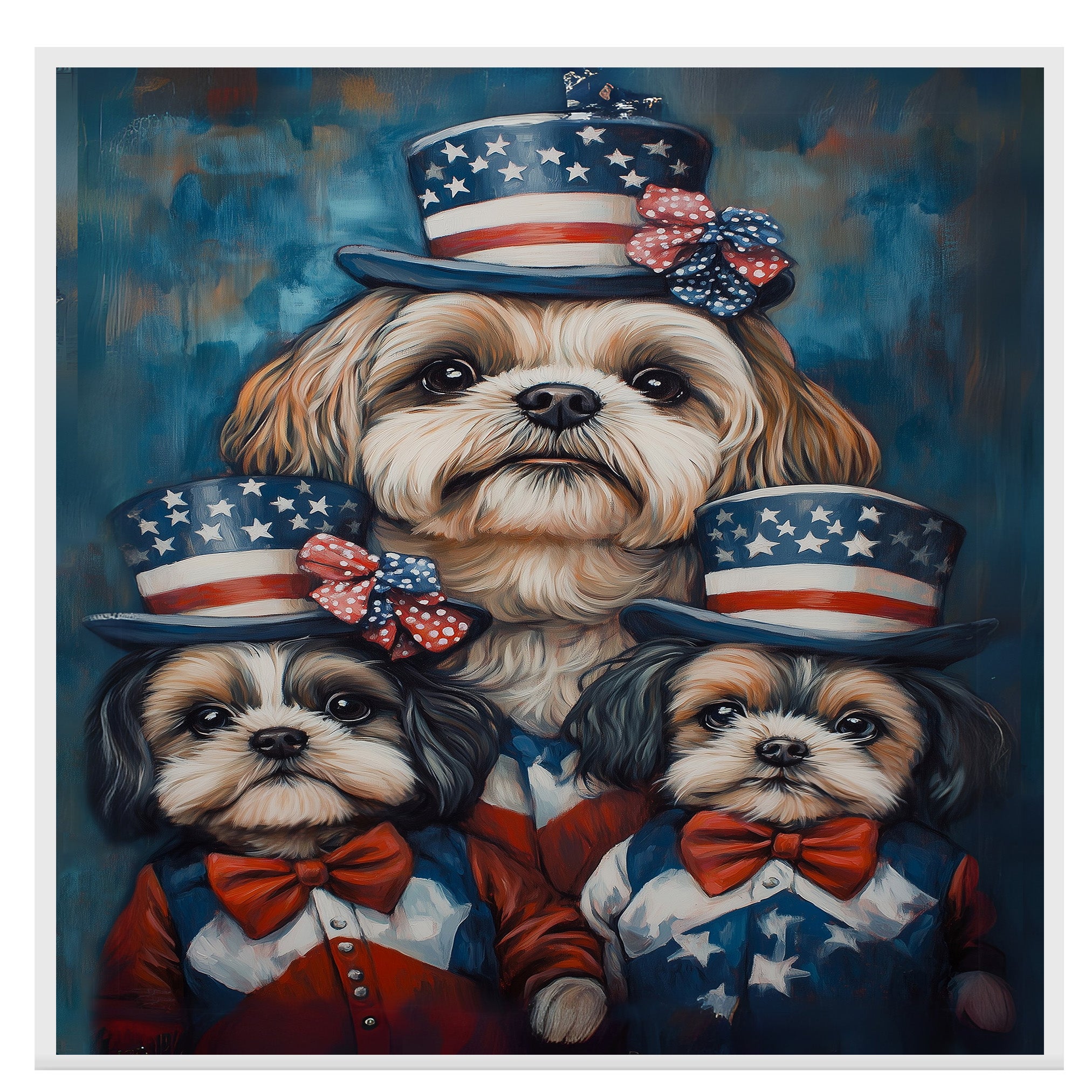 Shih Tzu Dog Family in Patriotic Outfits and American Flag Hats with Bows for Fourth of July Celebration on Ready to Hang 1.5" Thick Canvas Wrap, Floating Framed Canvas, Flat Rolled Canvas