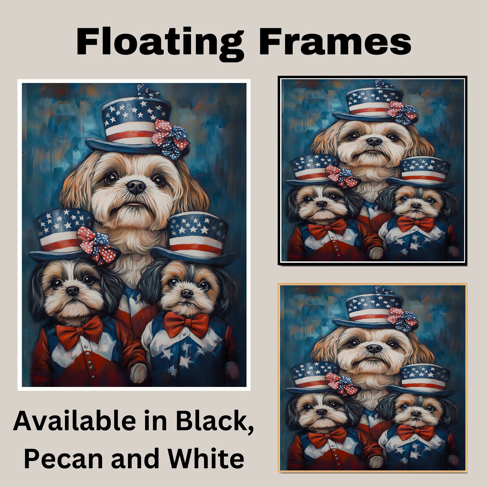 Shih Tzu Dog Family in Patriotic Outfits and American Flag Hats with Bows for Fourth of July Celebration on Ready to Hang 1.5" Thick Canvas Wrap, Floating Framed Canvas, Flat Rolled Canvas