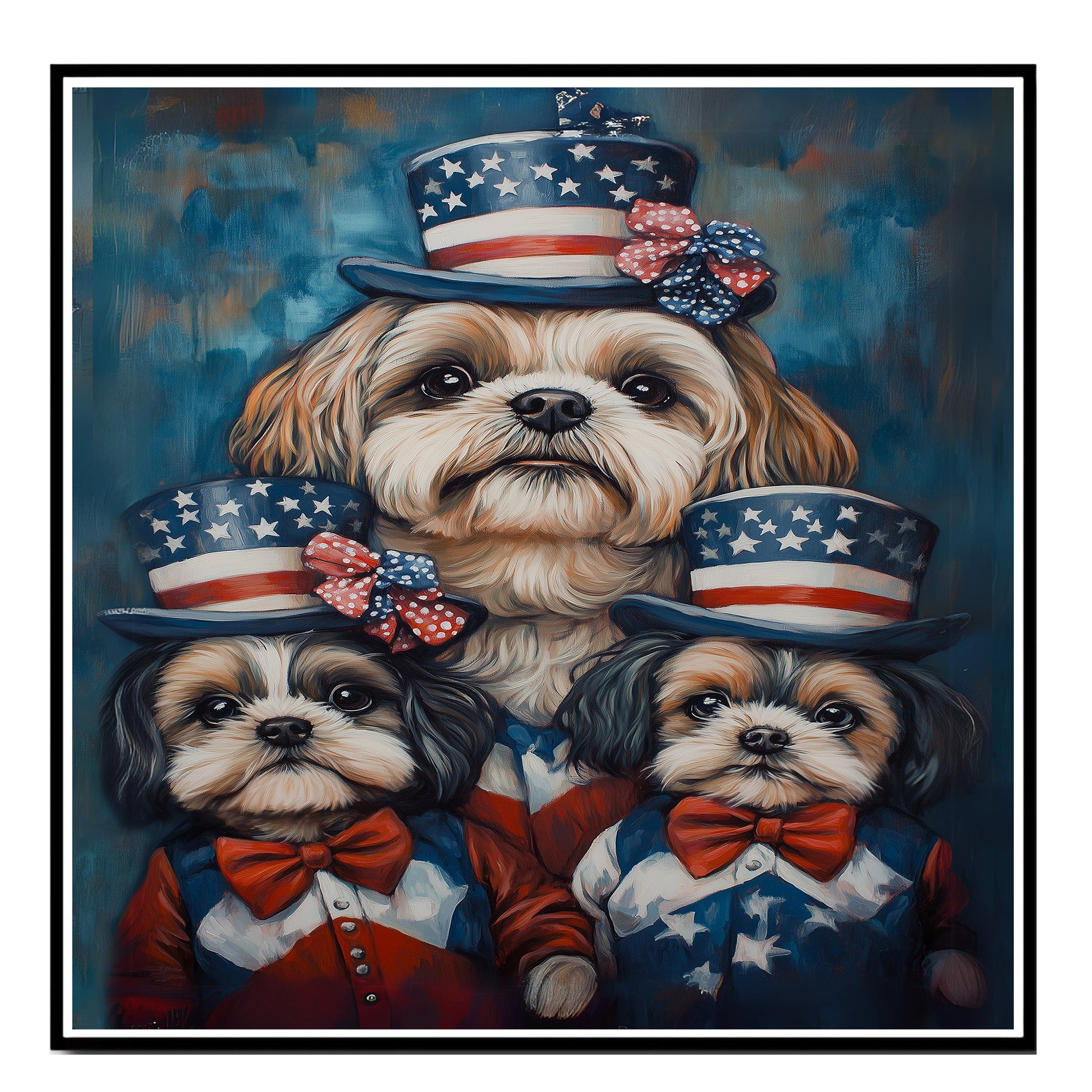 Shih Tzu Dog Family in Patriotic Outfits and American Flag Hats with Bows for Fourth of July Celebration on Ready to Hang 1.5" Thick Canvas Wrap, Floating Framed Canvas, Flat Rolled Canvas