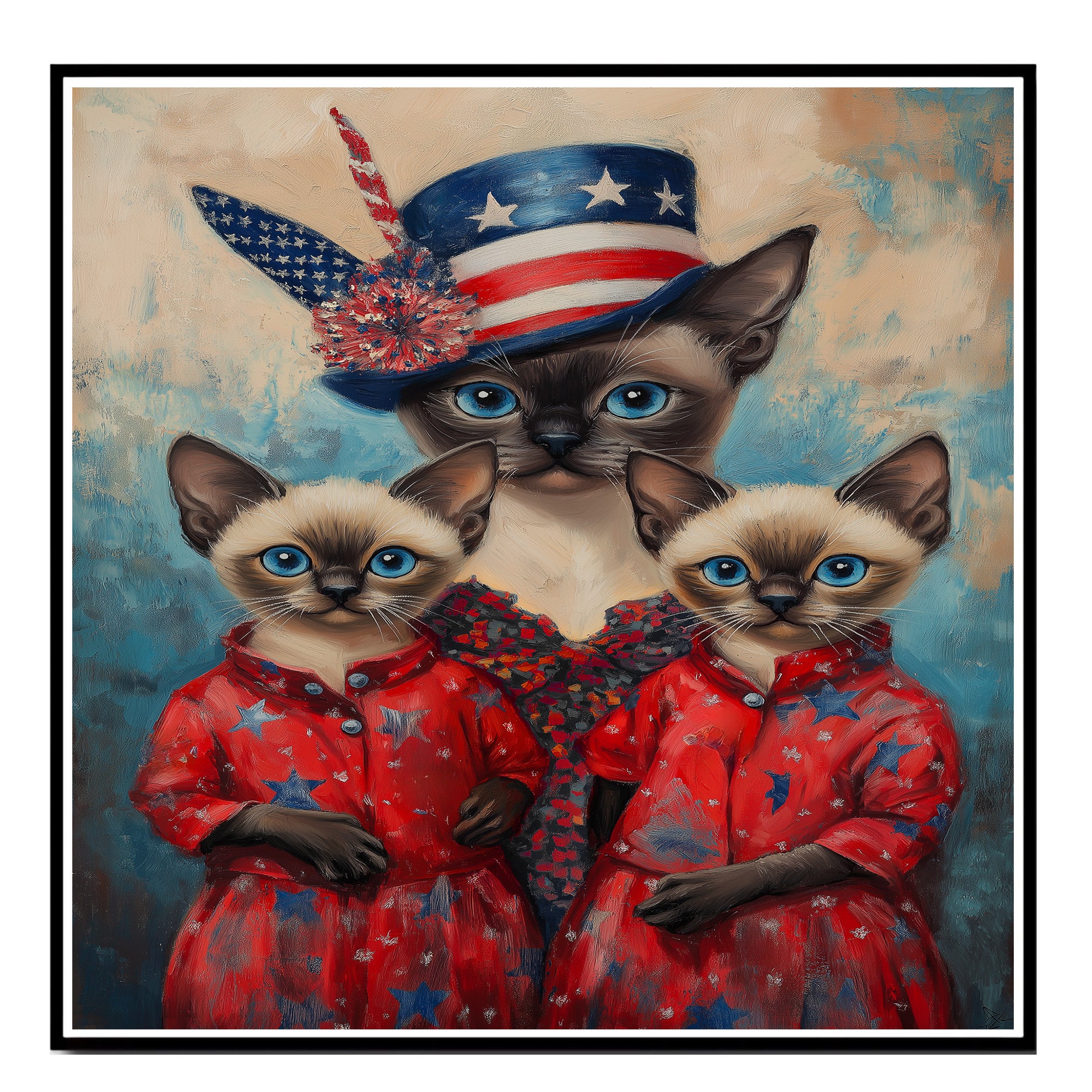 Siamese Cat Family in Patriotic Red Outfits and American Flag Hat with Blue Eyes for Fourth of July Celebration on Ready to Hang 1.5" Thick Canvas Wrap, Floating Framed Canvas, Flat Rolled Canvas