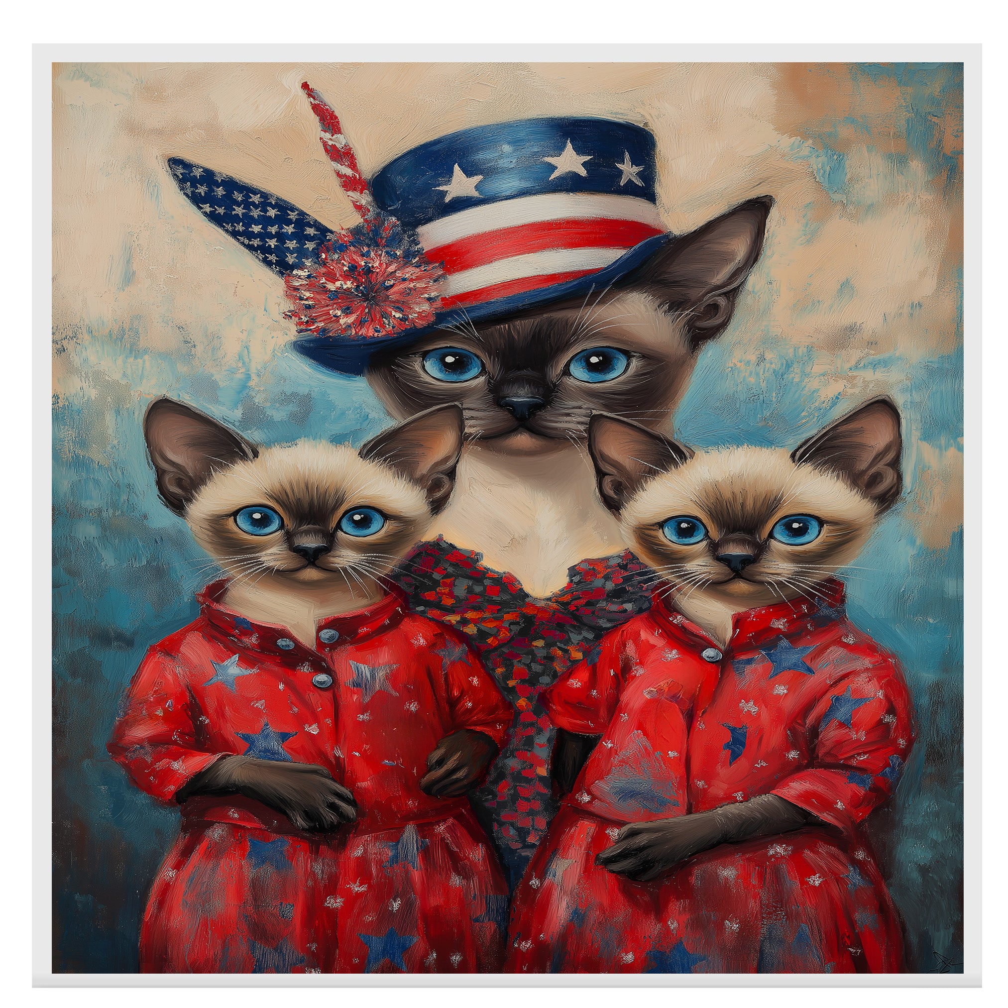 Siamese Cat Family in Patriotic Red Outfits and American Flag Hat with Blue Eyes for Fourth of July Celebration on Ready to Hang 1.5" Thick Canvas Wrap, Floating Framed Canvas, Flat Rolled Canvas