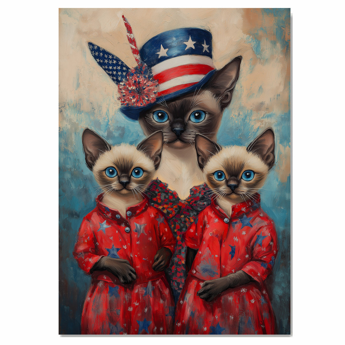 Siamese Cat Family in Patriotic Red Outfits and American Flag Hat with Blue Eyes for Fourth of July Celebration on Ready to Hang 1.5" Thick Canvas Wrap, Floating Framed Canvas, Flat Rolled Canvas