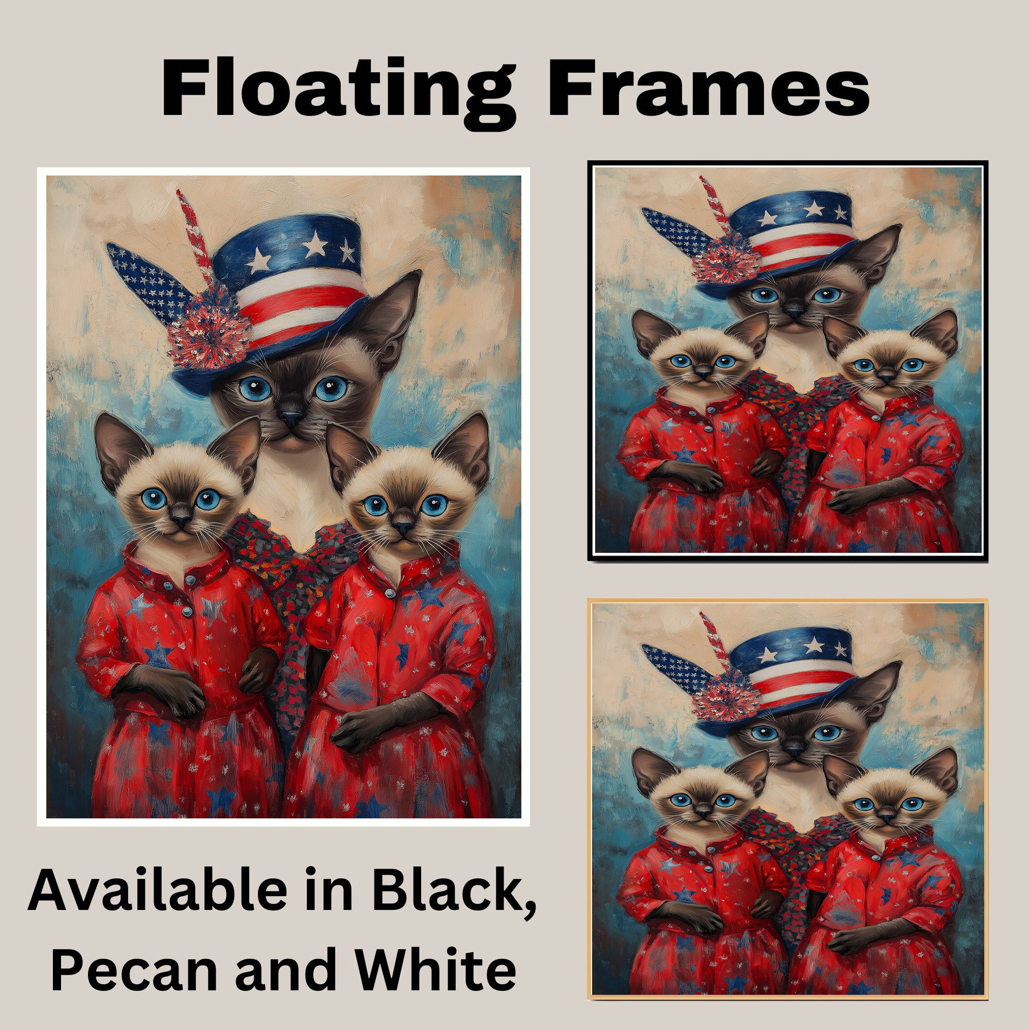 Siamese Cat Family in Patriotic Red Outfits and American Flag Hat with Blue Eyes for Fourth of July Celebration on Ready to Hang 1.5" Thick Canvas Wrap, Floating Framed Canvas, Flat Rolled Canvas