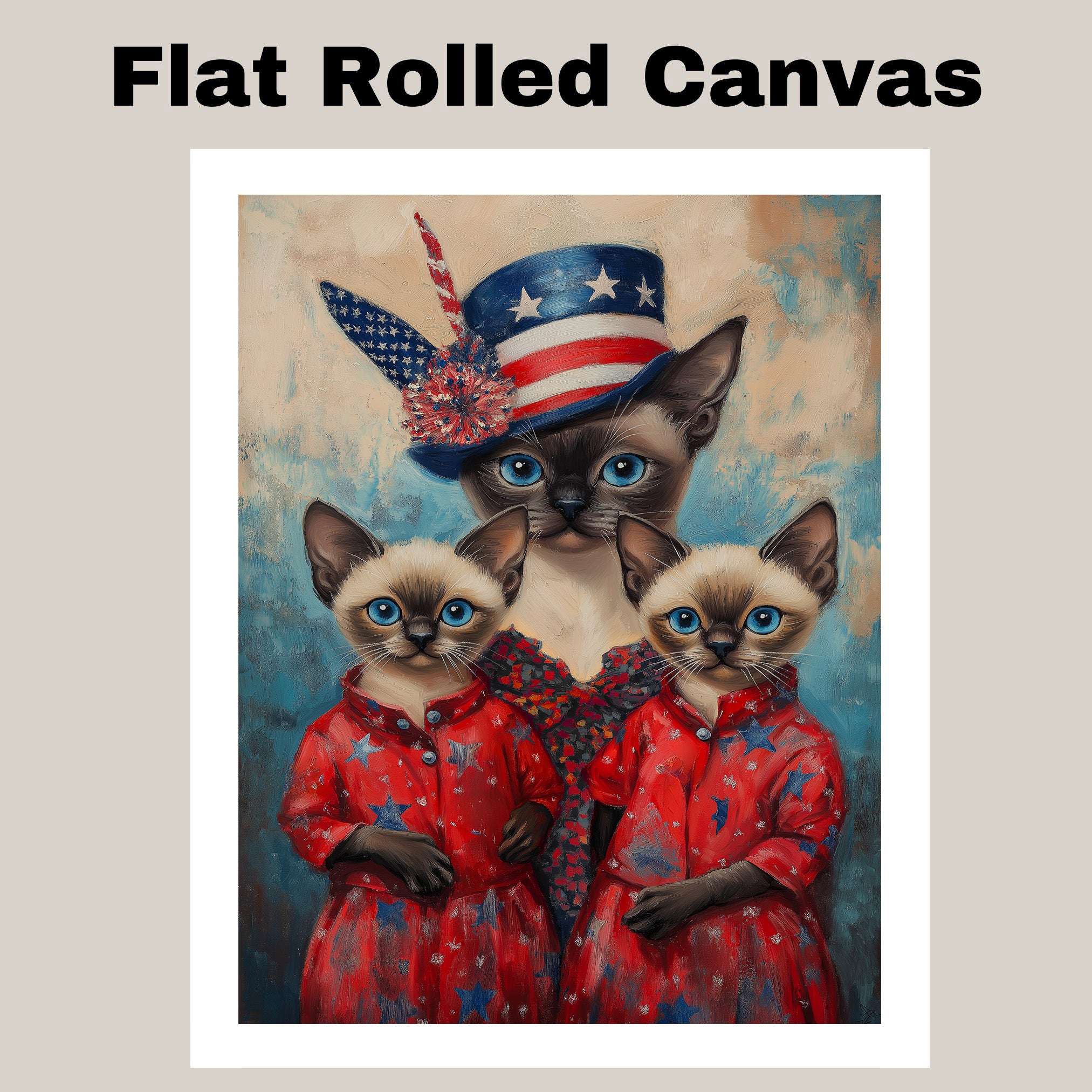 Siamese Cat Family in Patriotic Red Outfits and American Flag Hat with Blue Eyes for Fourth of July Celebration on Ready to Hang 1.5" Thick Canvas Wrap, Floating Framed Canvas, Flat Rolled Canvas