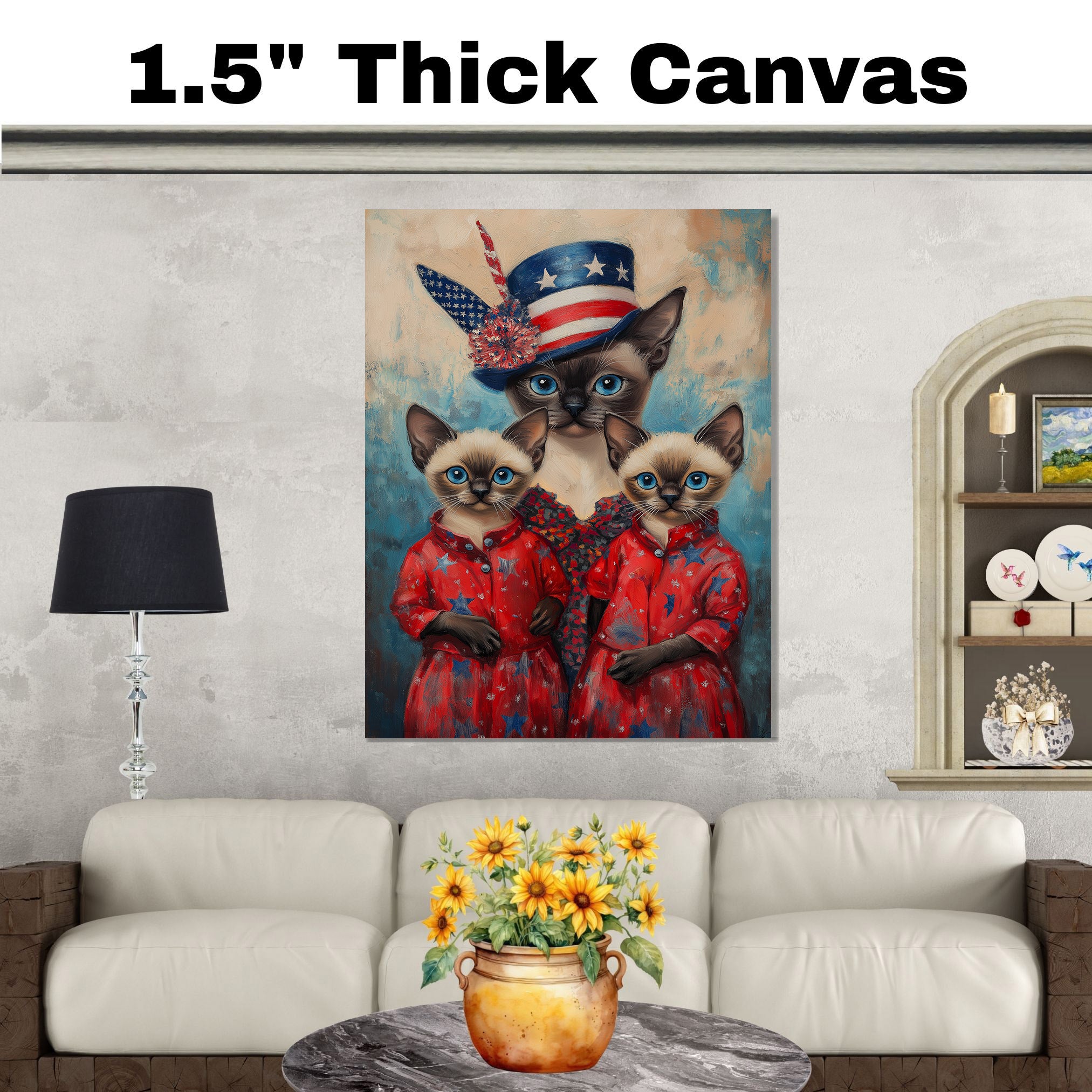 Siamese Cat Family in Patriotic Red Outfits and American Flag Hat with Blue Eyes for Fourth of July Celebration on Ready to Hang 1.5" Thick Canvas Wrap, Floating Framed Canvas, Flat Rolled Canvas