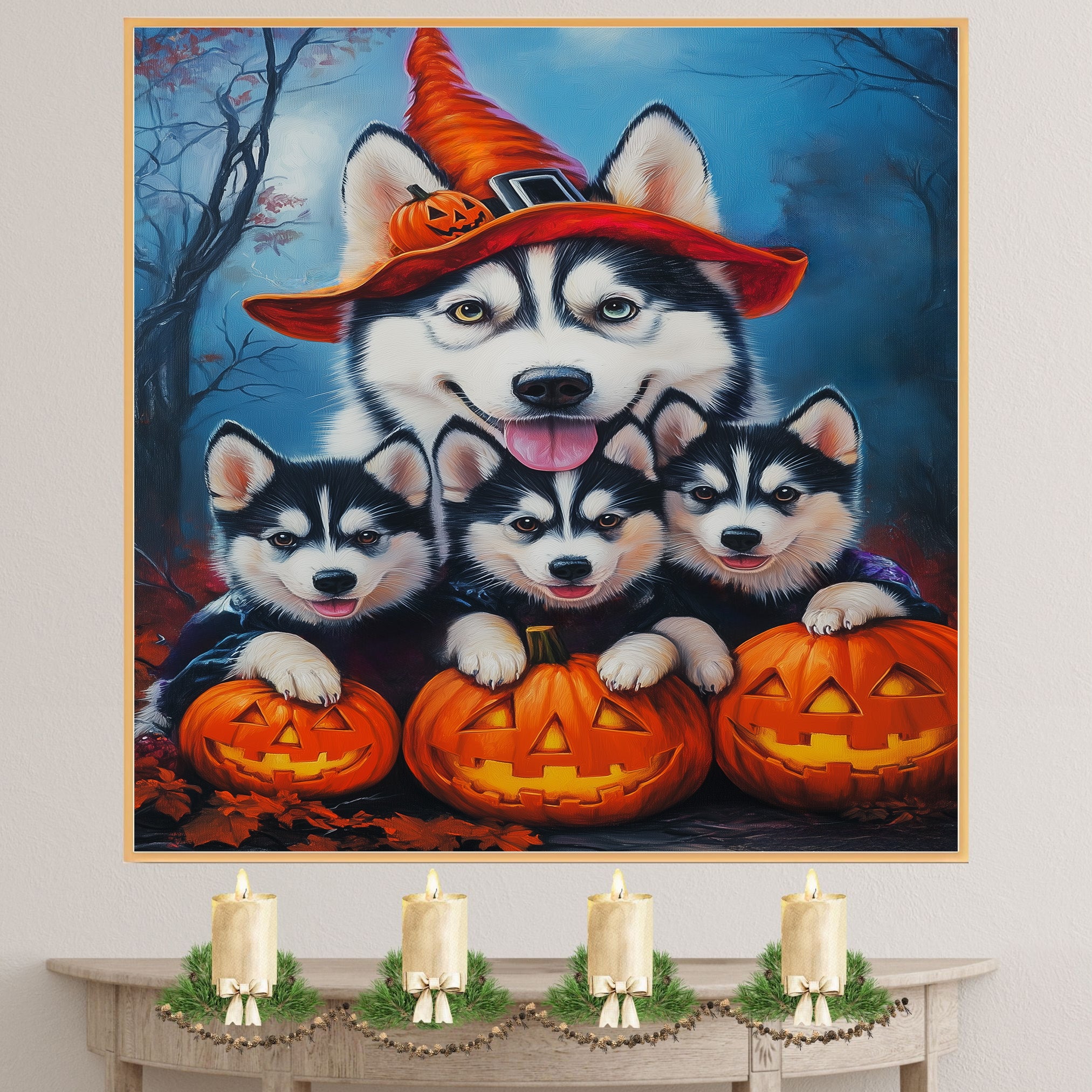 Siberian Husky Dog Halloween Wall Art Rustic Fall Canvas with Pumpkins Witch Hat and Autumn Leaves Farmhouse Pet Decor for Home on Ready to Hang 1.5" Thick Canvas Wrap, Floating Framed Canvas, Flat Rolled Canvas