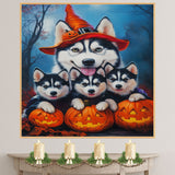 Siberian Husky Dog Halloween Wall Art Rustic Fall Canvas with Pumpkins Witch Hat and Autumn Leaves Farmhouse Pet Decor for Home on Ready to Hang 1.5" Thick Canvas Wrap, Floating Framed Canvas, Flat Rolled Canvas