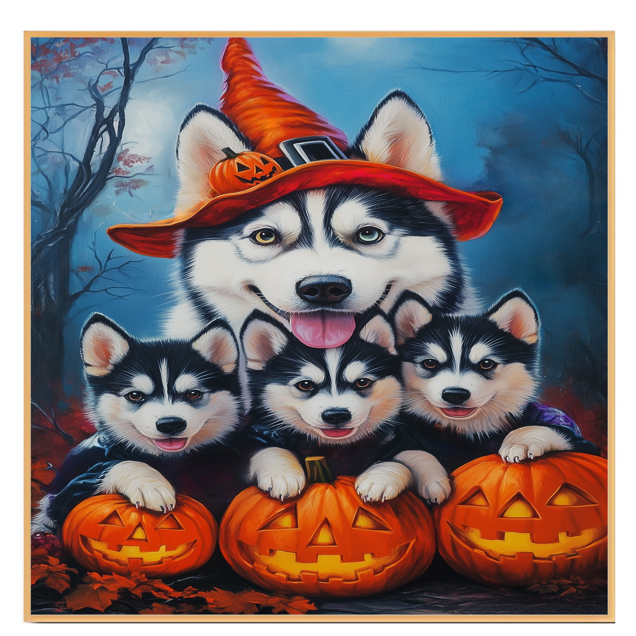 Siberian Husky Dog Halloween Wall Art Rustic Fall Canvas with Pumpkins Witch Hat and Autumn Leaves Farmhouse Pet Decor for Home on Ready to Hang 1.5" Thick Canvas Wrap, Floating Framed Canvas, Flat Rolled Canvas
