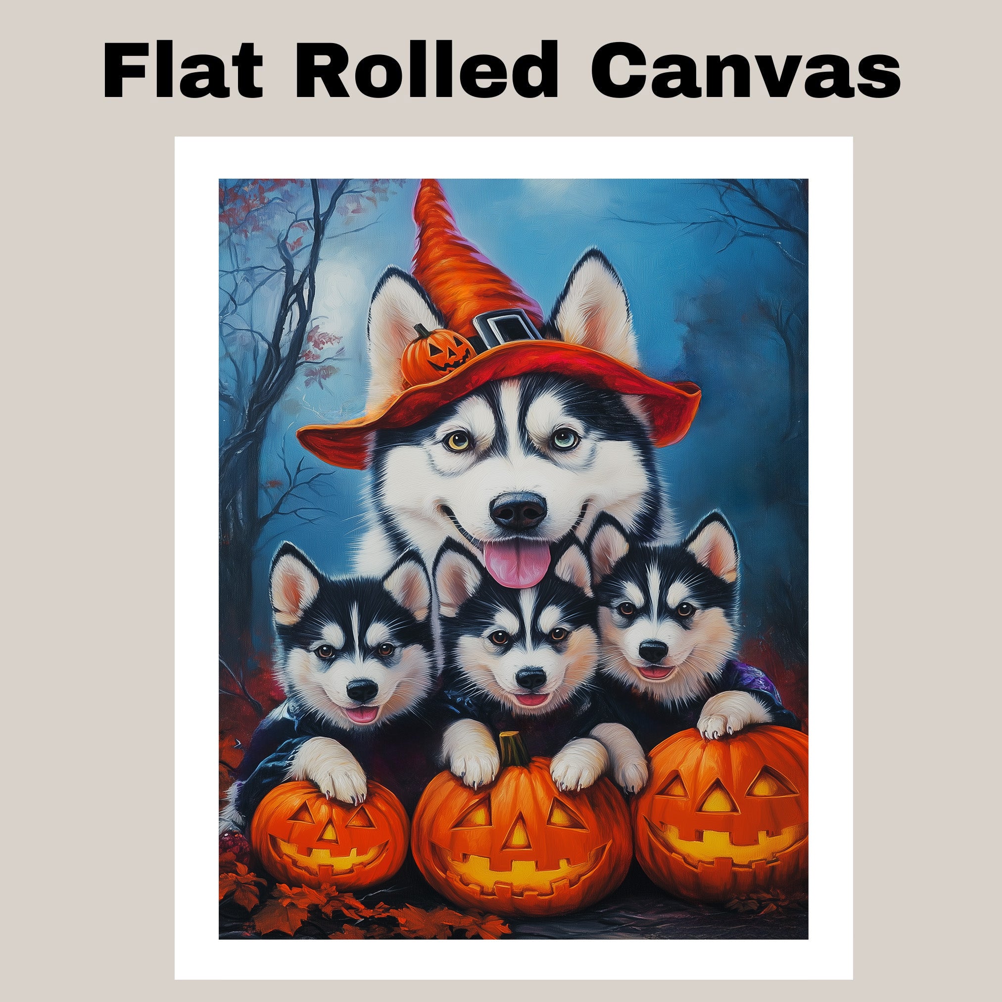 Siberian Husky Dog Halloween Wall Art Rustic Fall Canvas with Pumpkins Witch Hat and Autumn Leaves Farmhouse Pet Decor for Home on Ready to Hang 1.5" Thick Canvas Wrap, Floating Framed Canvas, Flat Rolled Canvas