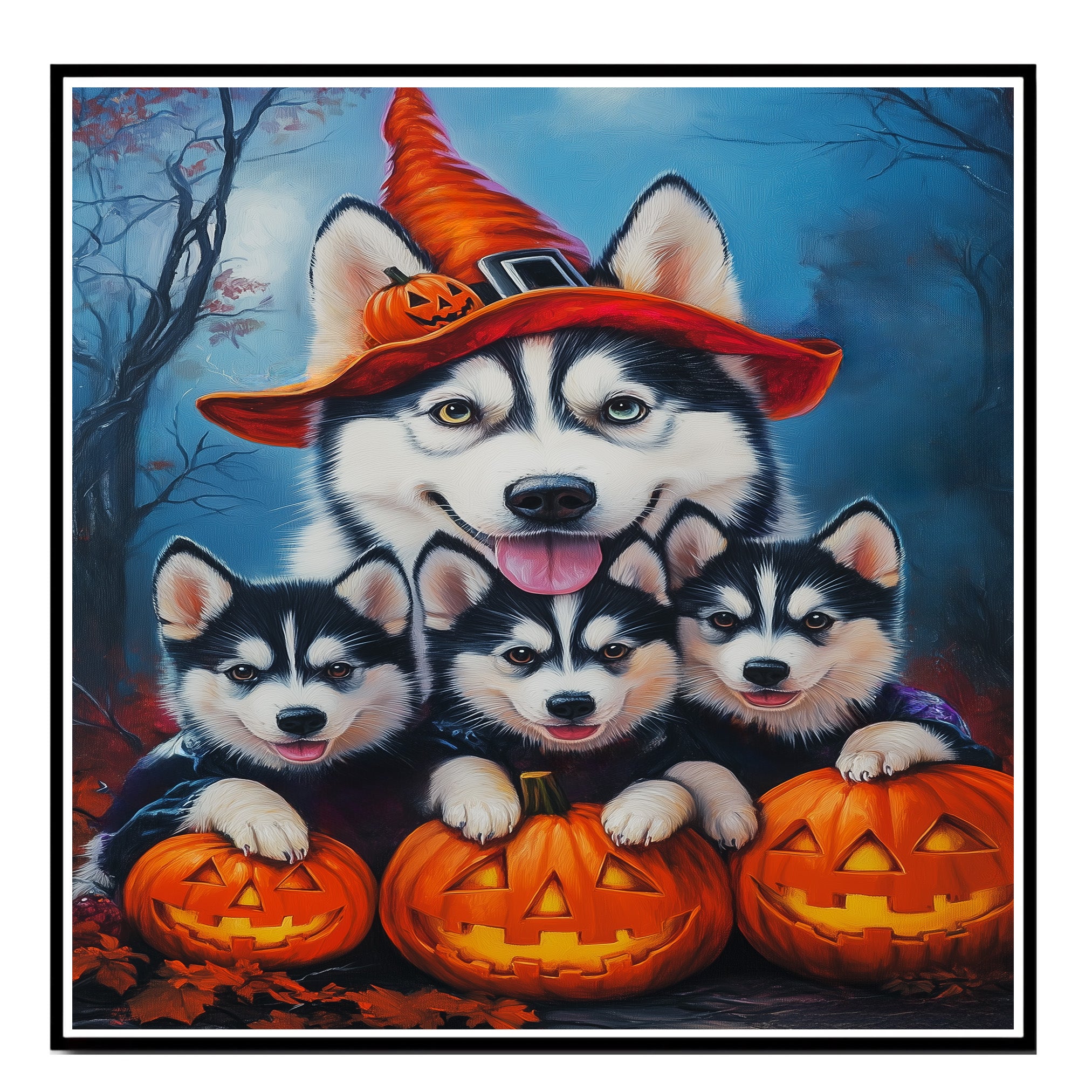 Siberian Husky Dog Halloween Wall Art Rustic Fall Canvas with Pumpkins Witch Hat and Autumn Leaves Farmhouse Pet Decor for Home on Ready to Hang 1.5" Thick Canvas Wrap, Floating Framed Canvas, Flat Rolled Canvas