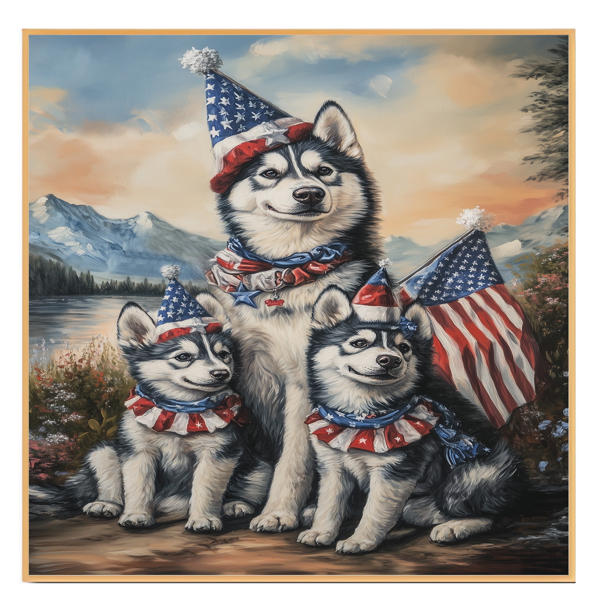 Siberian Husky Dog Family in Patriotic Outfits and Party Hats with American Flags and Mountain Scenery for Fourth of July on Ready to Hang 1.5" Thick Canvas Wrap, Floating Framed Canvas, Flat Rolled Canvas